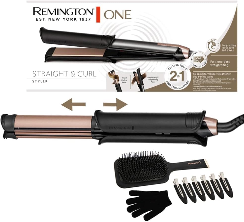 Remington Ferro de cabelo e modelador profissional ONE, 2 em 1, cerâmica avançada e turmalina antiestática, placa alisadora de 110 mm, barril de ondulação de 32 mm, digital até 230 ºC, S6078