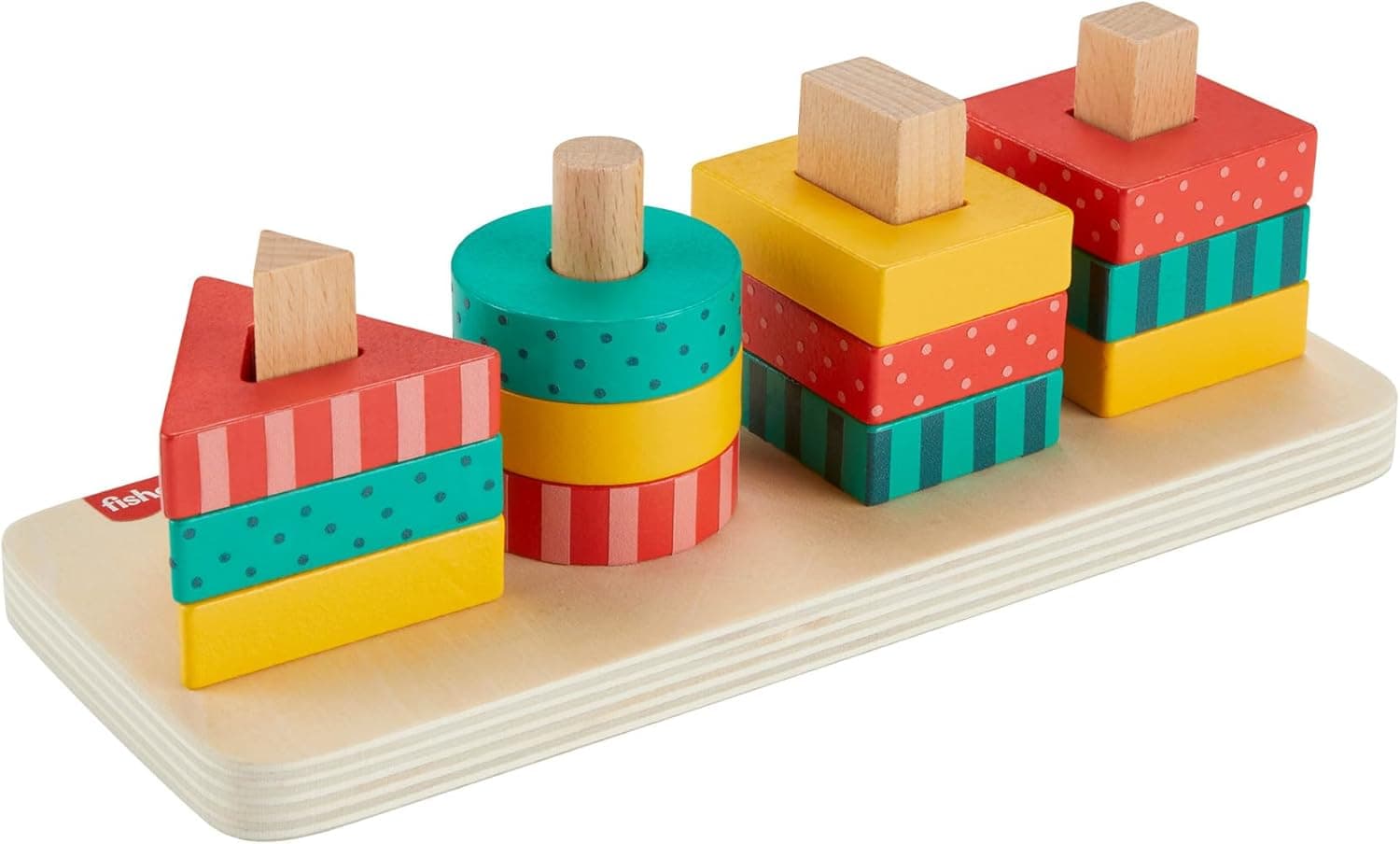 Fisher-Price Brinquedo para empilhar com círculos, triângulos e quadrados de madeira, 13 peças fabricadas com material certificado FSC, conjunto inspirado em Montessori + 2 anos (HXV05)
