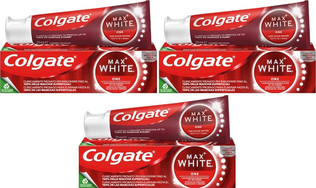 Colgate Max White One pasta dentífrica pack 3×75 ml com aceleradores de branqueamento e flúor para dentes mais brancos em 1 semana