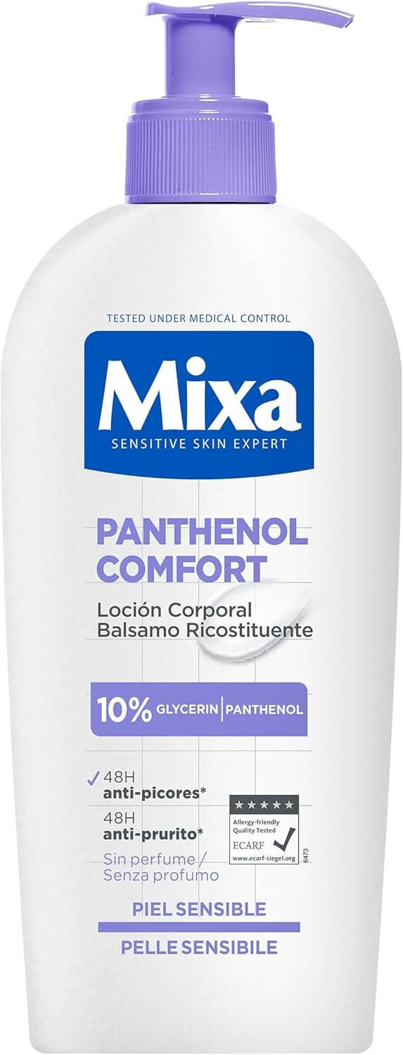 Mixa Loção corporal panthenol conforto para pele atópica, 10% glicerina e com pantenol, acalma a comichão. Adequado para peles sensíveis e crianças. 400 ml