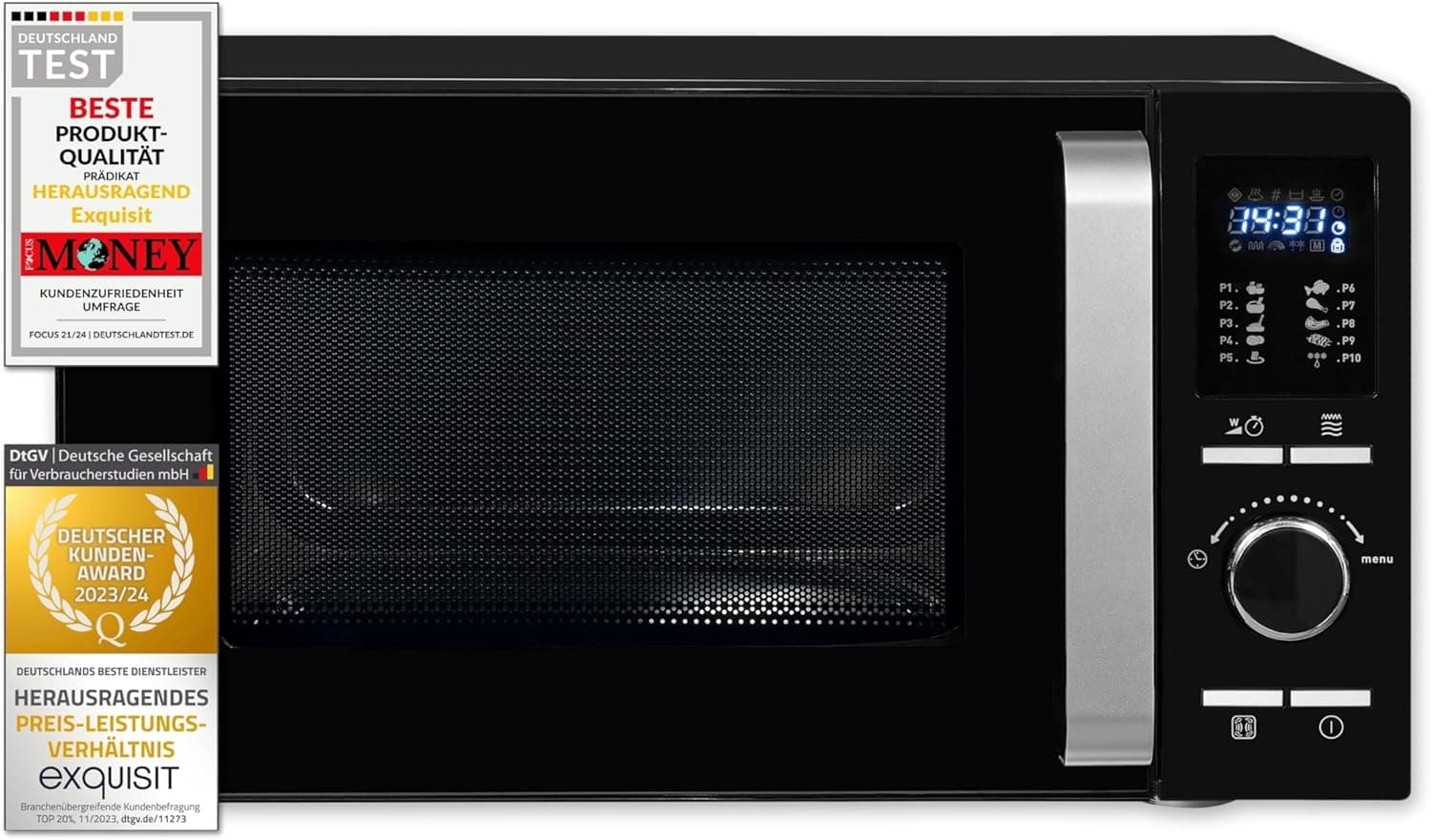 Exquisit® Micro-ondas, 25 L, 900 W, brilho de 1950 W, preto, 9 programas automáticos, multifunções micro-ondas-Grill-Turbo, descongelação, temporizador digital, prato, 27 cm, medidas 28 x 48,5 x 39,5 cm