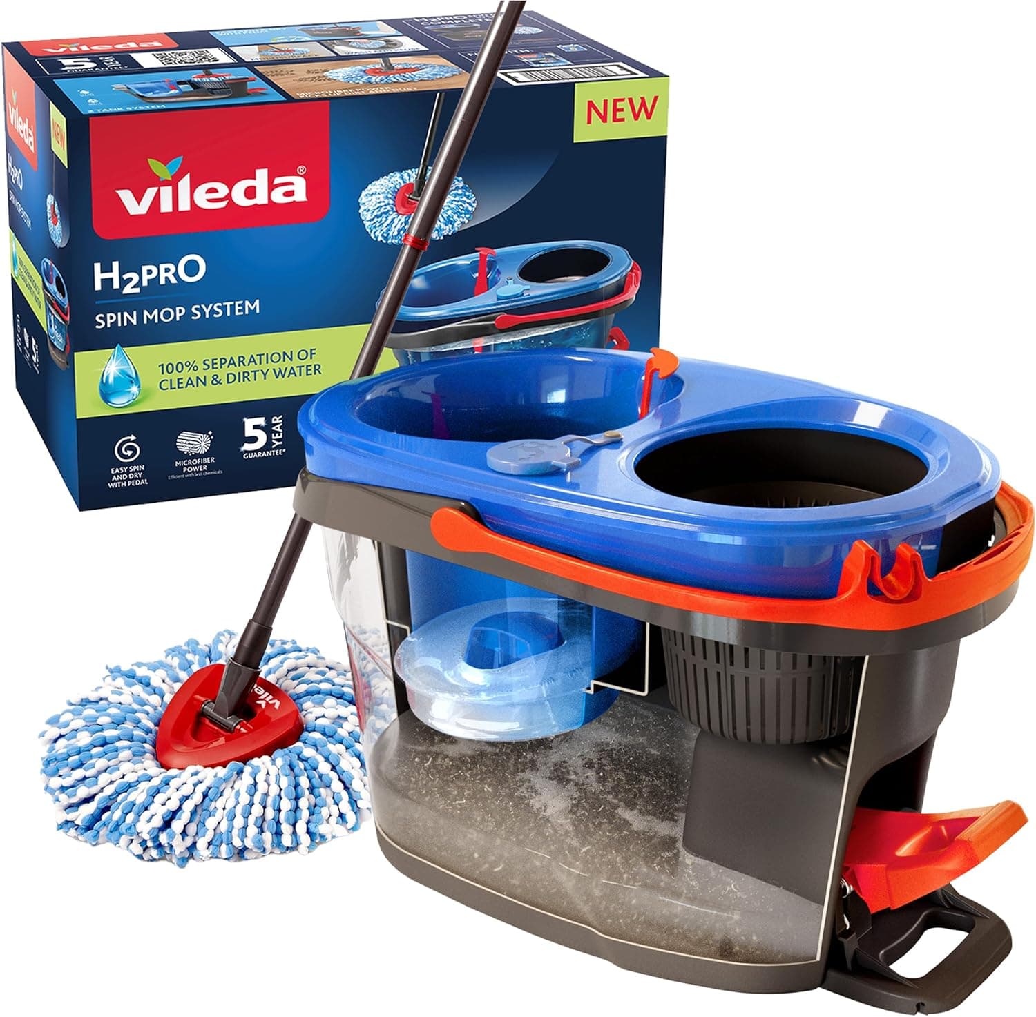 Vileda H2PrO Spin Sistema de mopa, câmara dupla de separação de água, escorrido sem esforço, limpeza com microfibra, mãos livres, design ergonómico