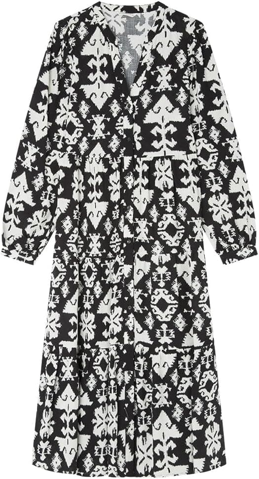 SPRINGFIELD | Vestido midi casual de manga comprida com estampado integral para mulher