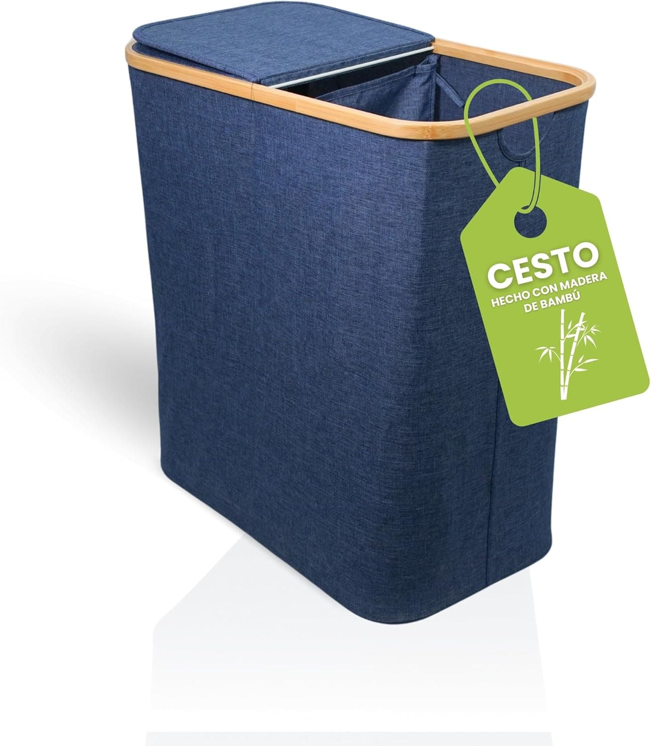 Cesto de roupa suja com tampa dupla, sistema de separação dupla, 100 l, tecido e bambu, dobrável, fácil de transportar cor azul