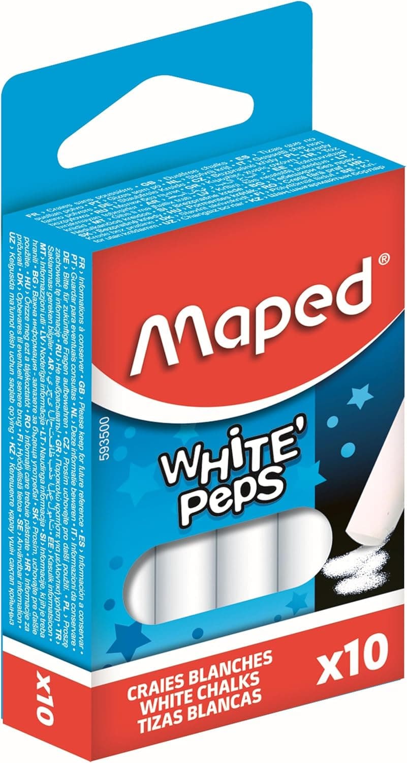 Maped - Gizas brancas - Tizas para aças, 10 gizas para ardósias, feitas com carbono de cálcio - fórmula livre de pó - melhor visibilidade e legibilidade
