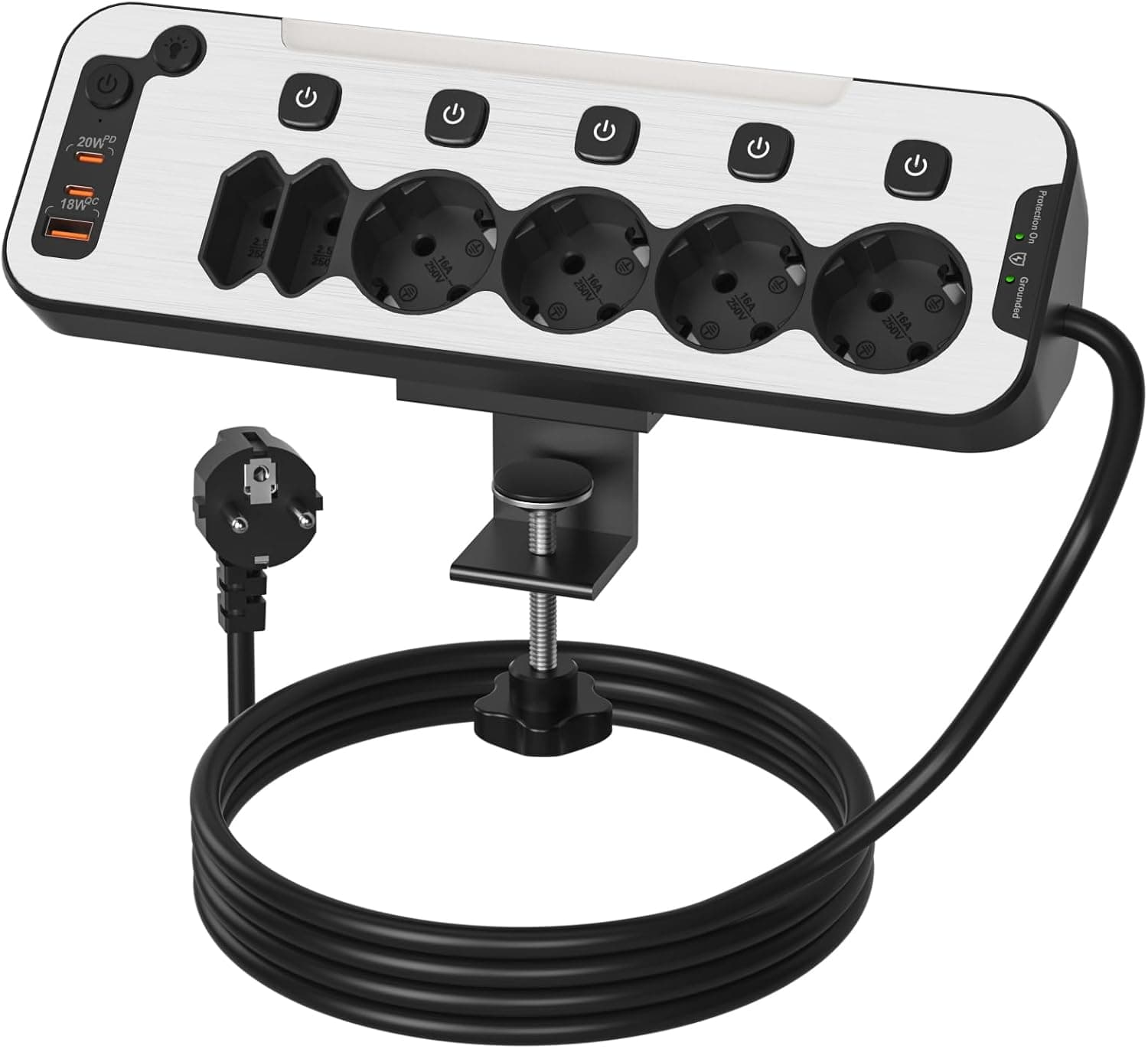 Tomada de mesa com USB C, tomadas de proteção contra picos de tensão, PD20 W tomada de mesa com interruptor, tomadas múltiplas cozinha com placa de fixação, latão tomadas 6 tomas, cabo 2 m, preto