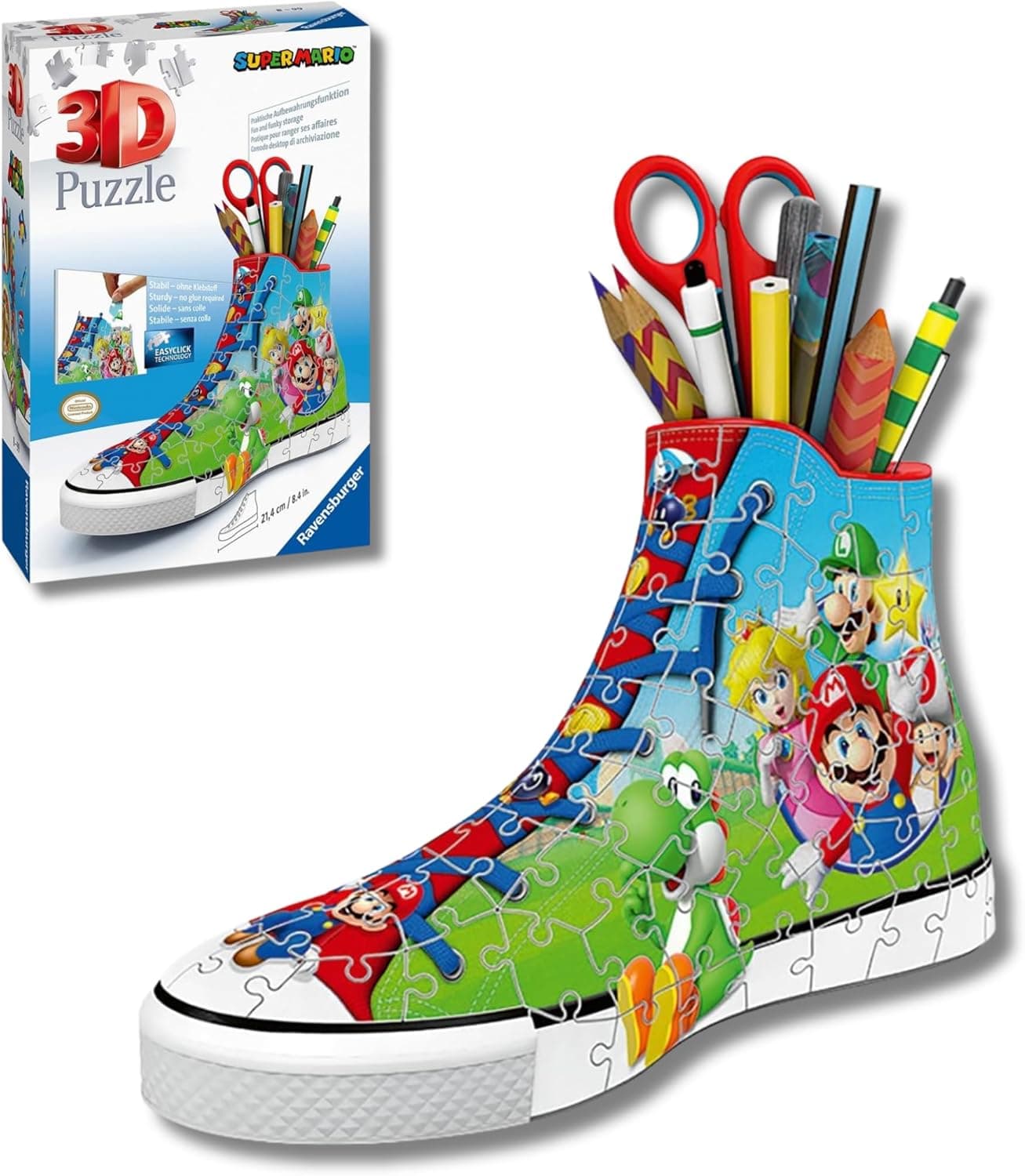 Ravensburger Sneaker Super Mario | Puzzle 3D de sapatilha porta-lápis para crianças com 108 peças