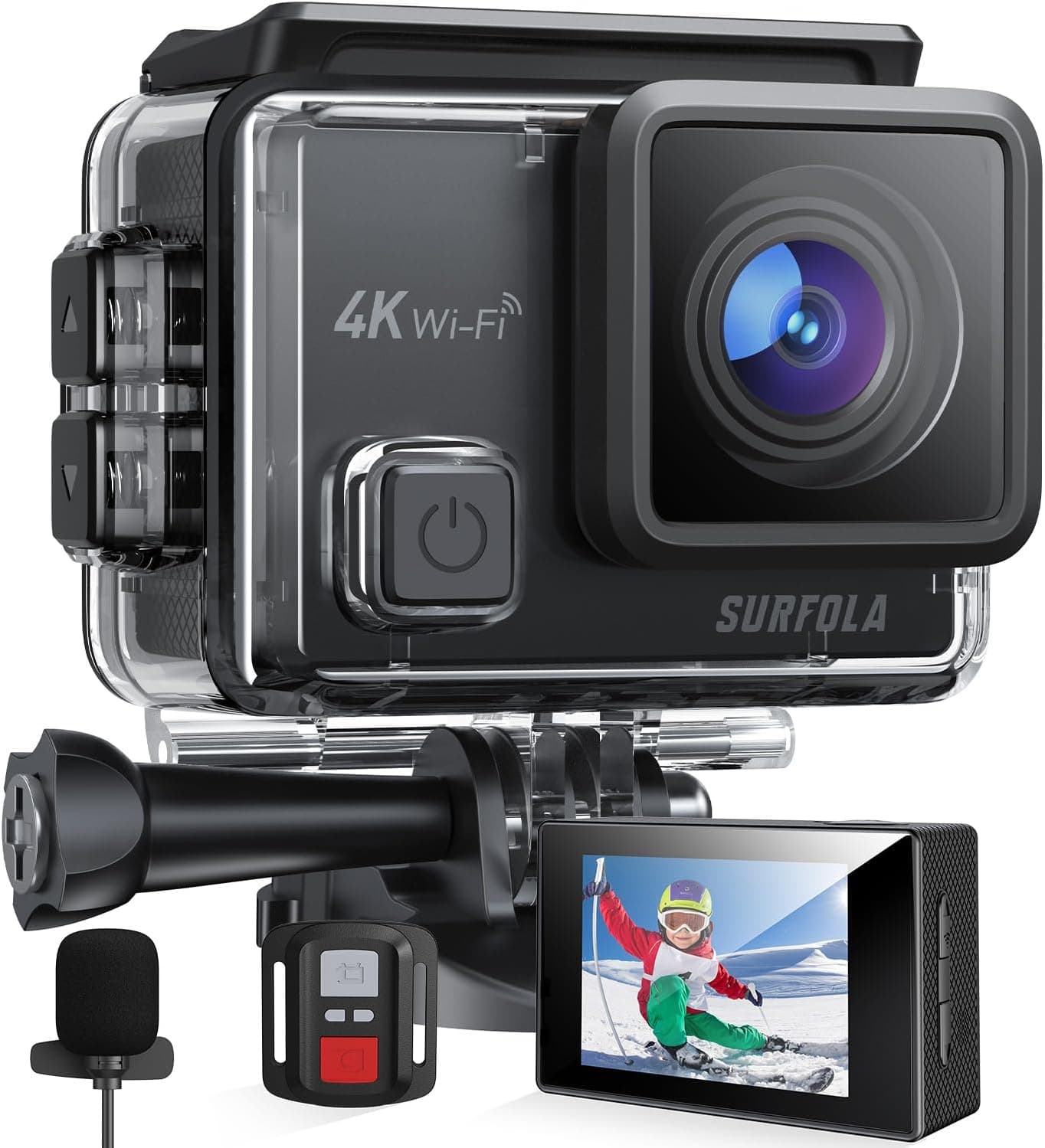 Surfola Câmara desportiva 4K 30 FPS, câmara de vídeo Wi-Fi de 20 MP, câmara subaquática 40 m com microfone, controlo remoto, EIS antivibração, bateria 2 x 1050 mAh, vários acessórios SF230