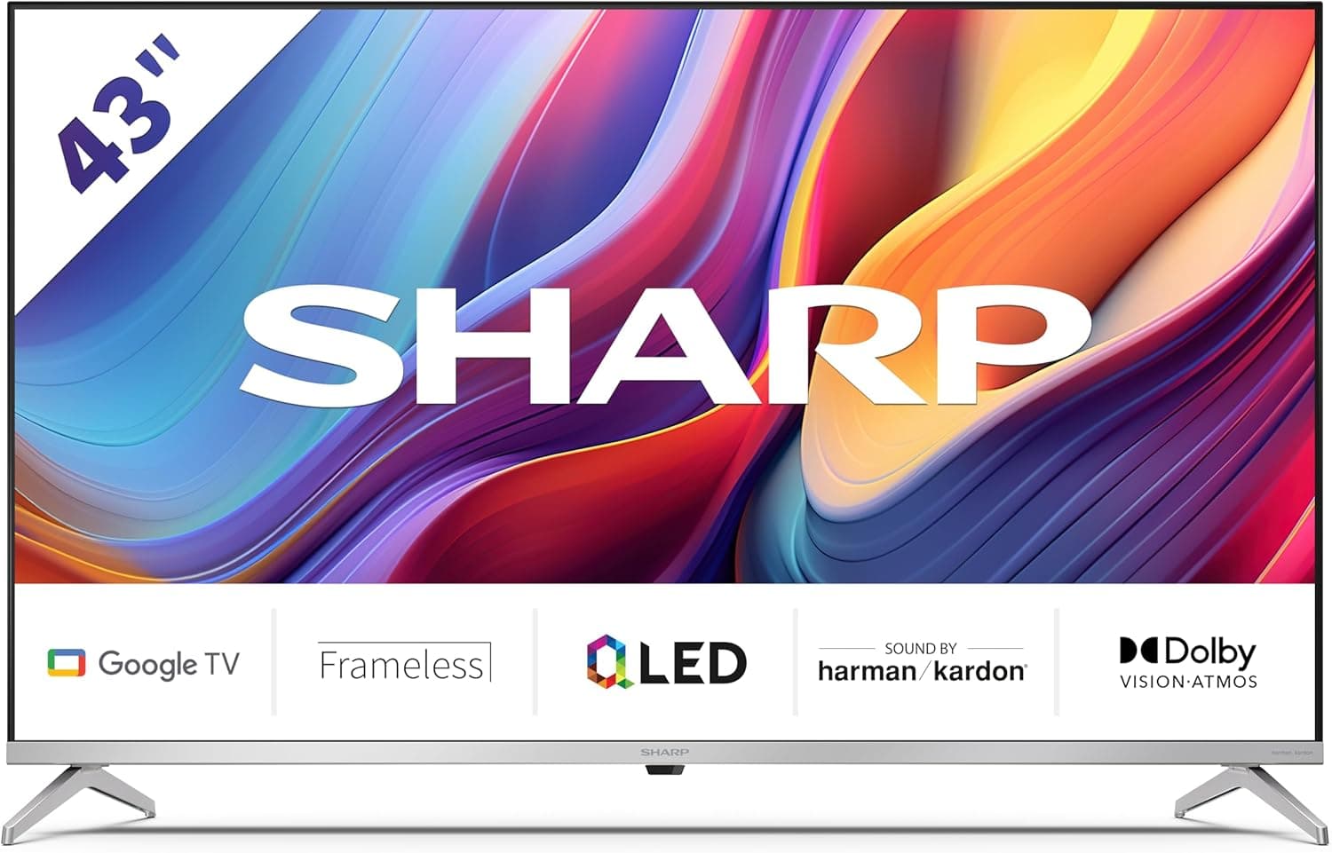 Sharp 43GP6265E - TV Android 43" QLED (sem moldura, 4K Ultra HD, 4X HDMI 2.1, 3X USB, Bluetooth), altifalantes Harman/kardon, Google Assistant, Chromecast, Dolby Vision, HDR10, prateado 