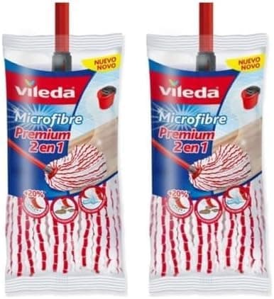 Vileda Esfregão microfibra premium 2 em 1 - Recarga para esfregona, cabeça universal com microfibras e poliamida, cor vermelha e branca (embalagem de 2)