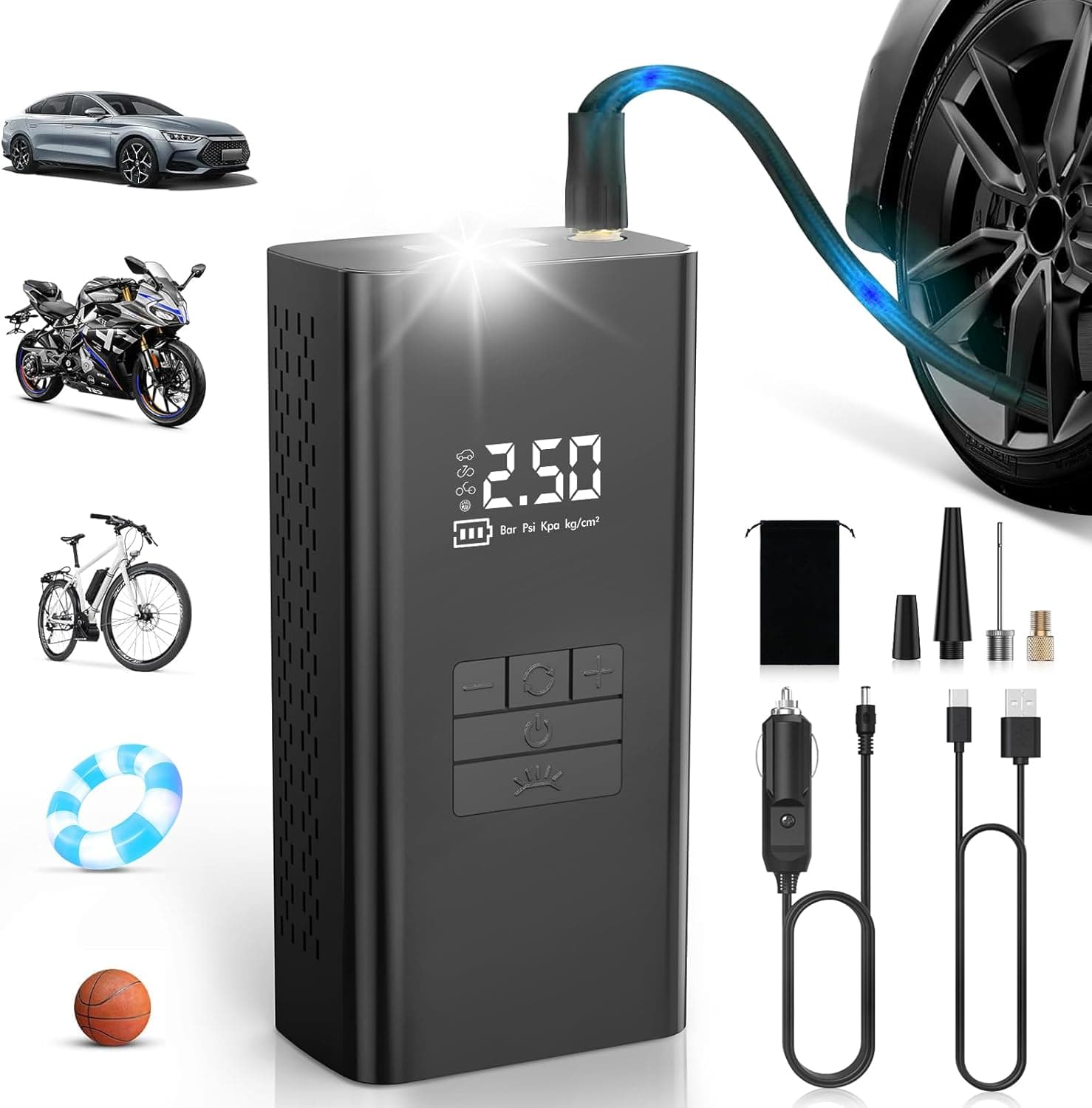 DIHOOM Compressor ar portátil - insuflador elétrico de pneus de carro de 45 l/min com suporte de Power Bank, iluminação LED bateria de 6000 mAh, 4 modos, ideal para carros bicicletas motos e bolas