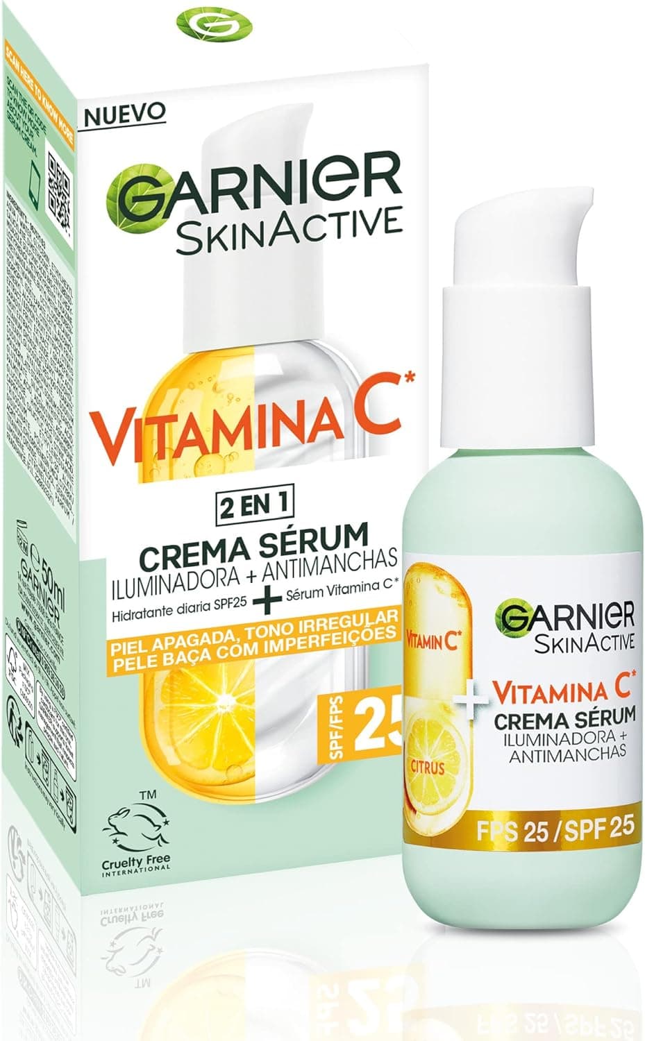 Garnier, Sérum facial iluminador e anti-manchas, 2 em 1, com 20% vitamina C e SPF25, não gordo, clinicamente testado, 50 ml