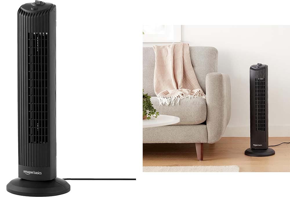 Amazon Basics - Ventilador de torre de 71 cm com 3 velocidades e 60 graus de oscilação, tomada do Reino Unido, preto