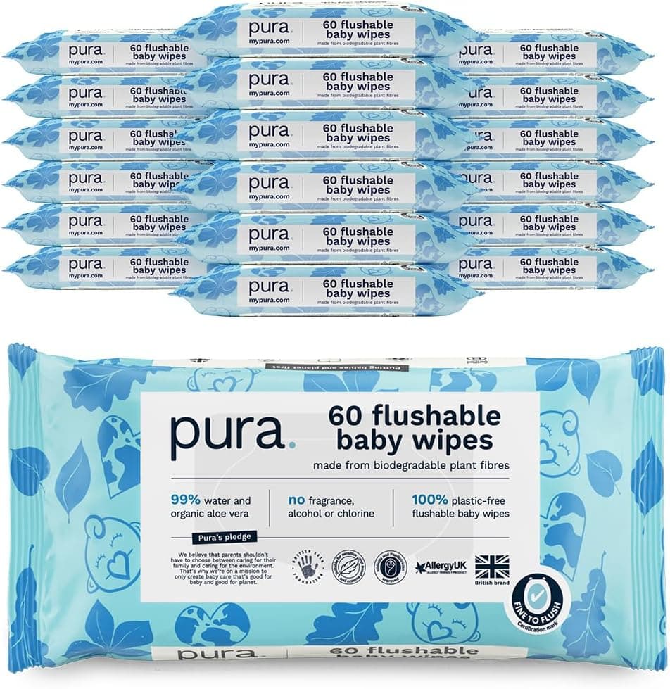 Pura Toalhetes descartáveis para bebés, 1080 toalhetes (18 x 60 toalhetes), 100% toalhetes húmidos, livres de plástico, 99% água, pele sensível, biodegradáveis, algodão orgânico