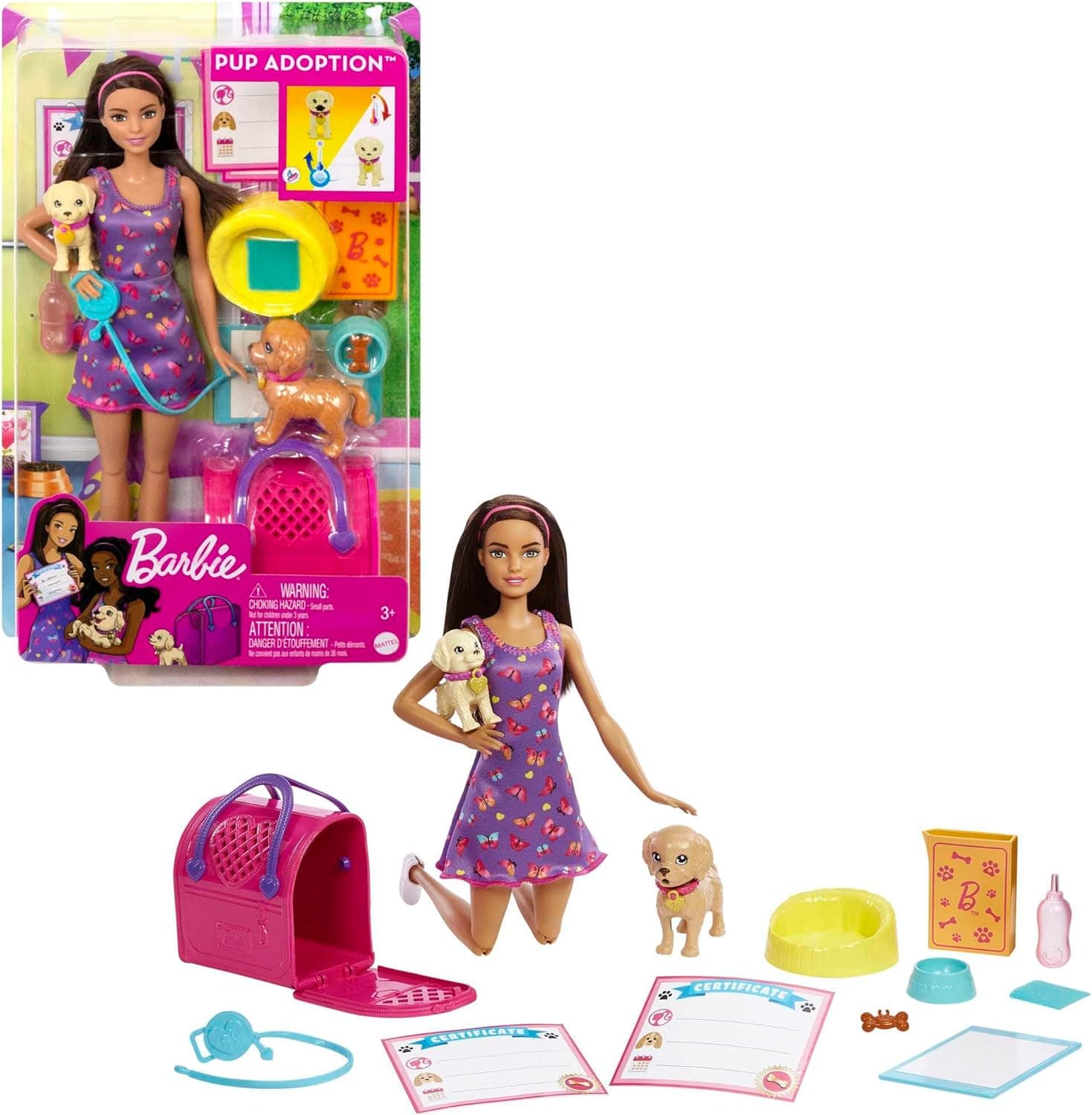 Barbie Adota cães boneca com vestido roxo, cães animais de estimação e acessórios para cuidar, brinquedo + 3 anos (Mattel HKD86)