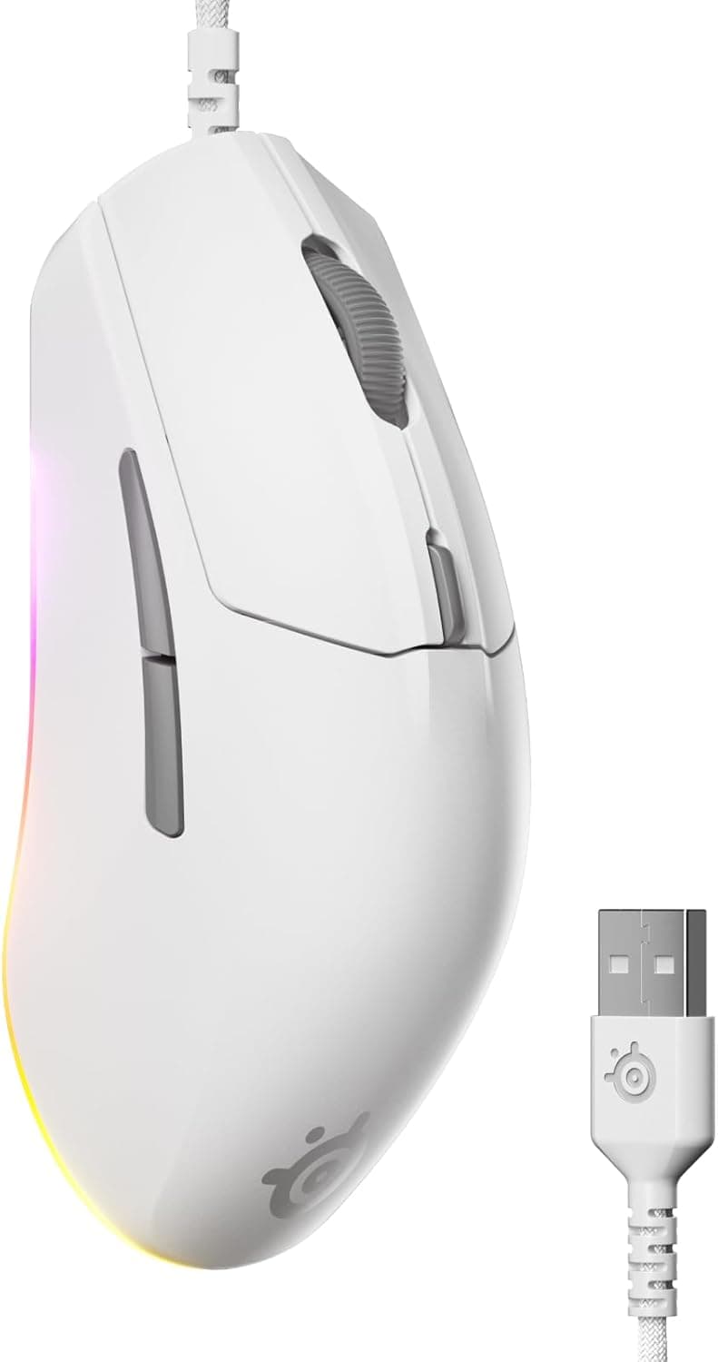 SteelSeries Rival 3 Gen 2 rato Gaming Sensor ótico TrueMove Core de 8500 dpi - durabilidade de 60 M de cliques, baixa latência, 77 g de peso, deslizadores 100% PTFE - RGB - branco