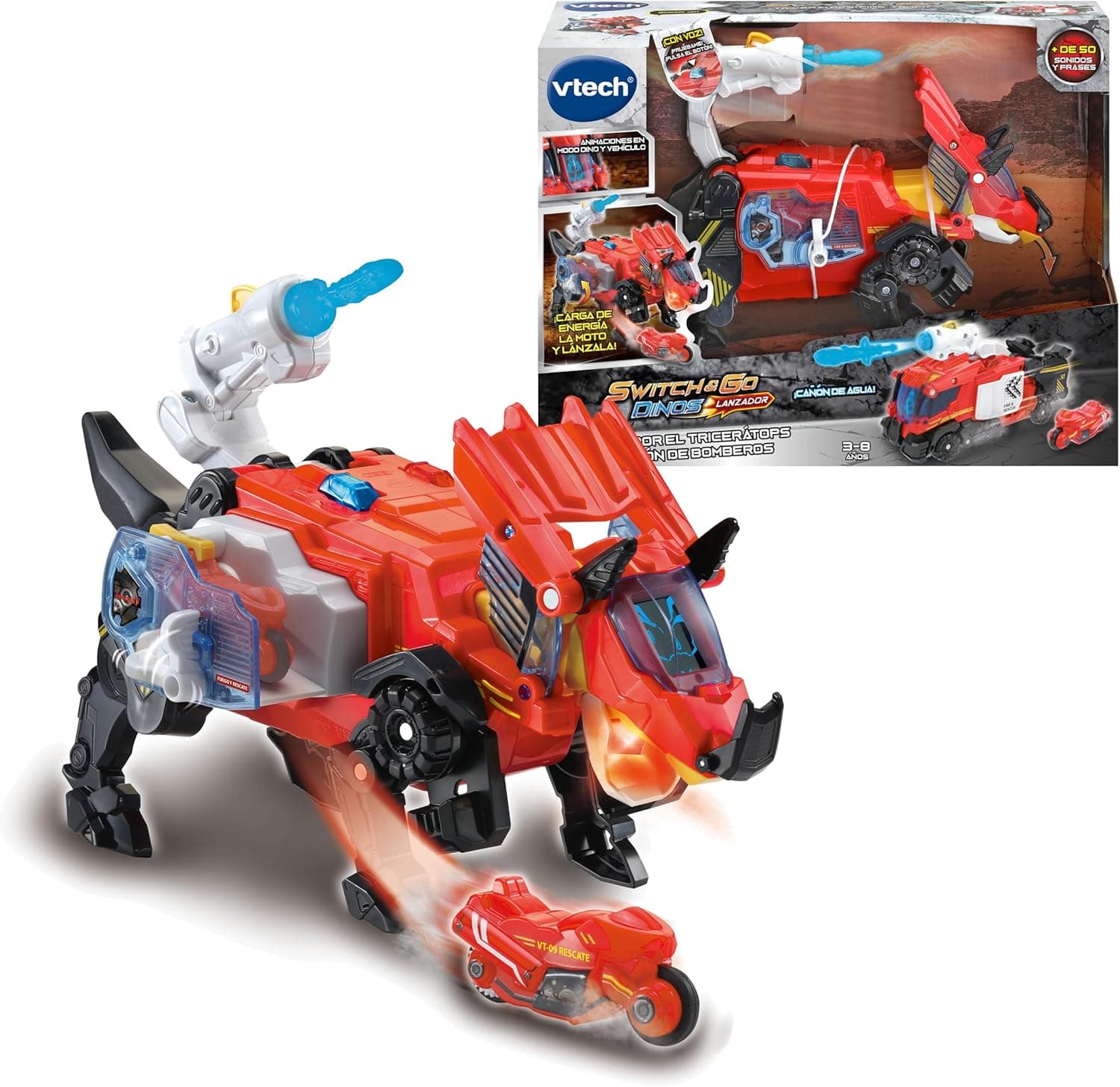 VTech - Switch & Go Dinos, Salvador tricerátops camião de bombeiros, inclui mota de resgate, canhão de água, brinquedo transformável 2em 1, Dino-Car, para crianças +3 anos, exclusivo na Amazon, versão