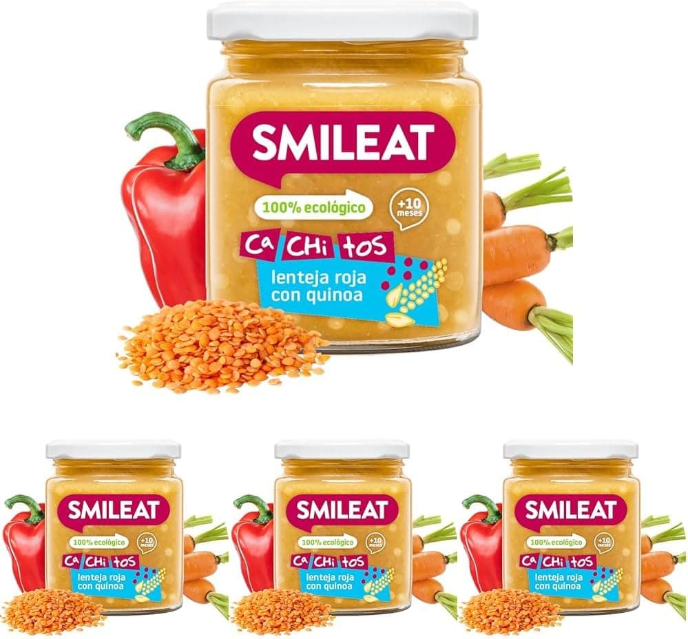 Smileat - Tarrinho ecológico CA-CHI-TOS de lente vermelha com quinoa, ingredientes naturais, para bebés a partir de 10 meses - 230 g (embalagem de 4)
