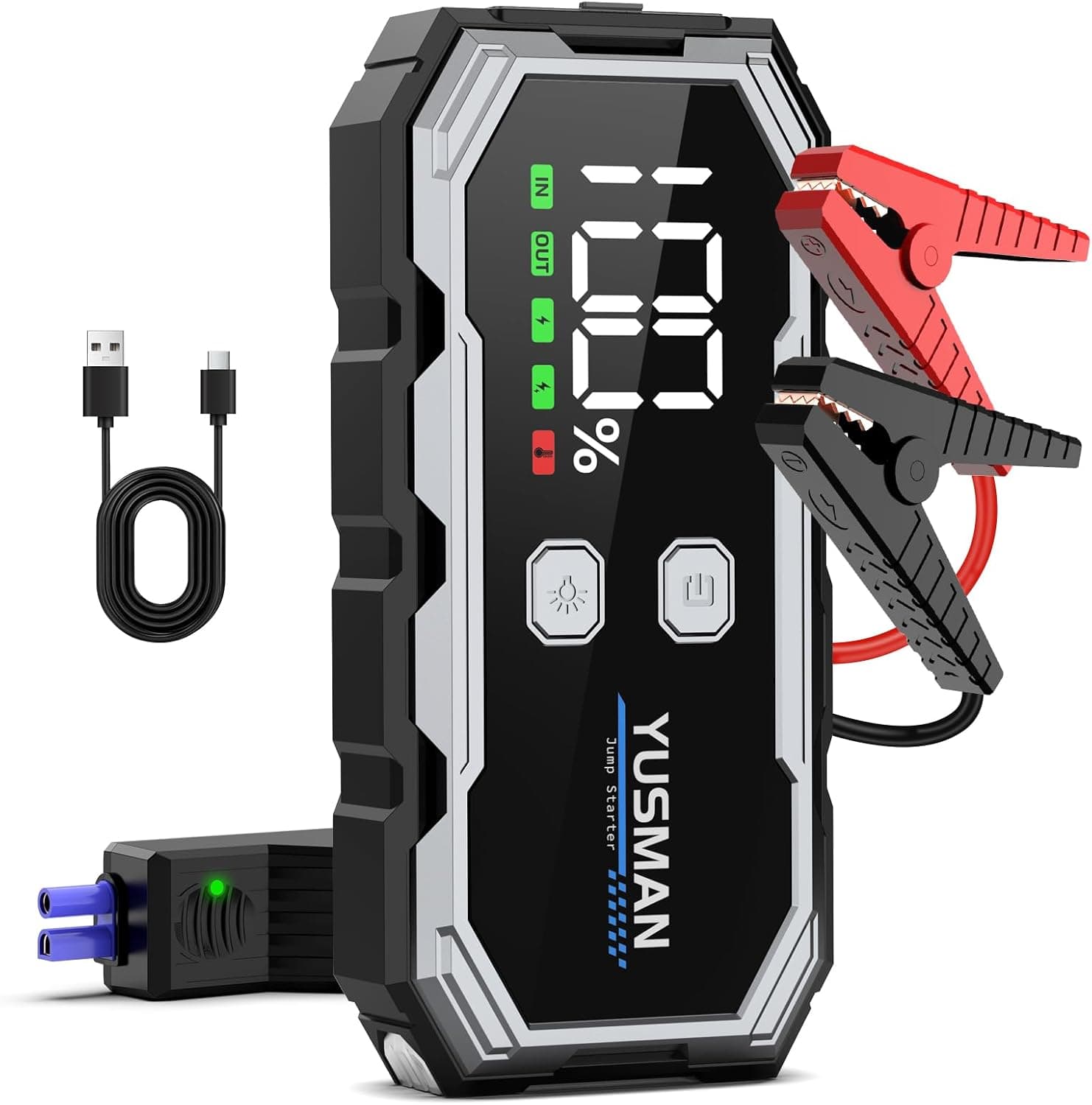 YUSMAN Arrancador de baterias de carros, 3000A 12 V para 7 L de gasolina ou 5 L de diesel, iniciador de carro portátil com ecrã LCD, Jump Starter com 3 modos LED, carregamento rápido