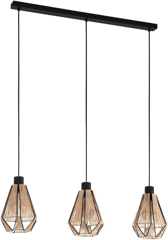 Eglo Candeeiro pendente Adwickle para sala de jantar, candeeiro de 3 luzes para sala e sala de jantar, brinco têxtil de cânhamo em cor natural e metal em cor preta, lâmpada pendente com casquilho E27