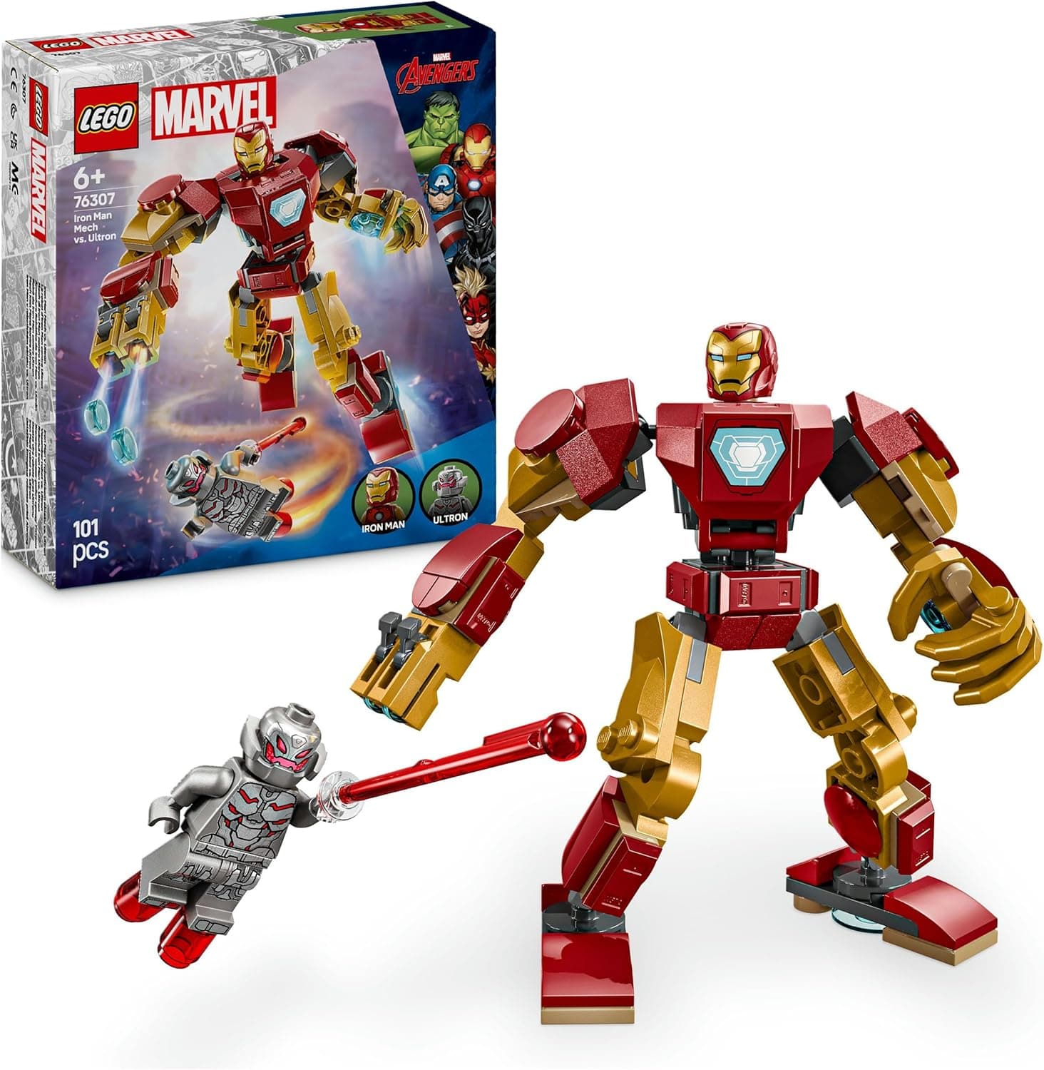 LEGO Marvel Armadura Robótica de Iron Man vs. Ultrão brinquedo de super-heróis com minifiguras, figura de robô, jogo de roleplay e batalha, presente para meninos e meninas de 6 anos 76307