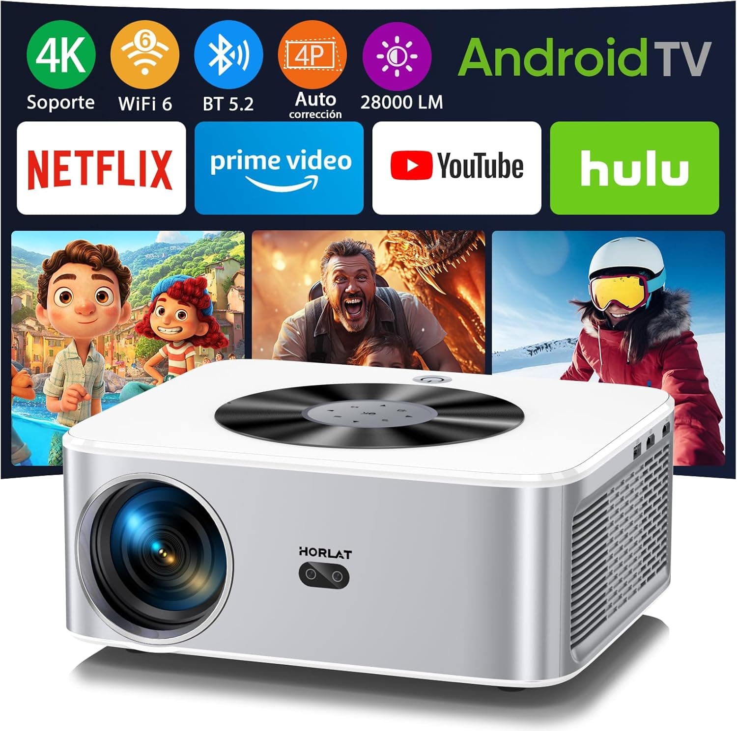 Horlat 2025-T04-28000Lm | Projetor inteligente 4K com Android TV Wi-Fi Bluetooth 28000 lúmenes e aplicações integradas