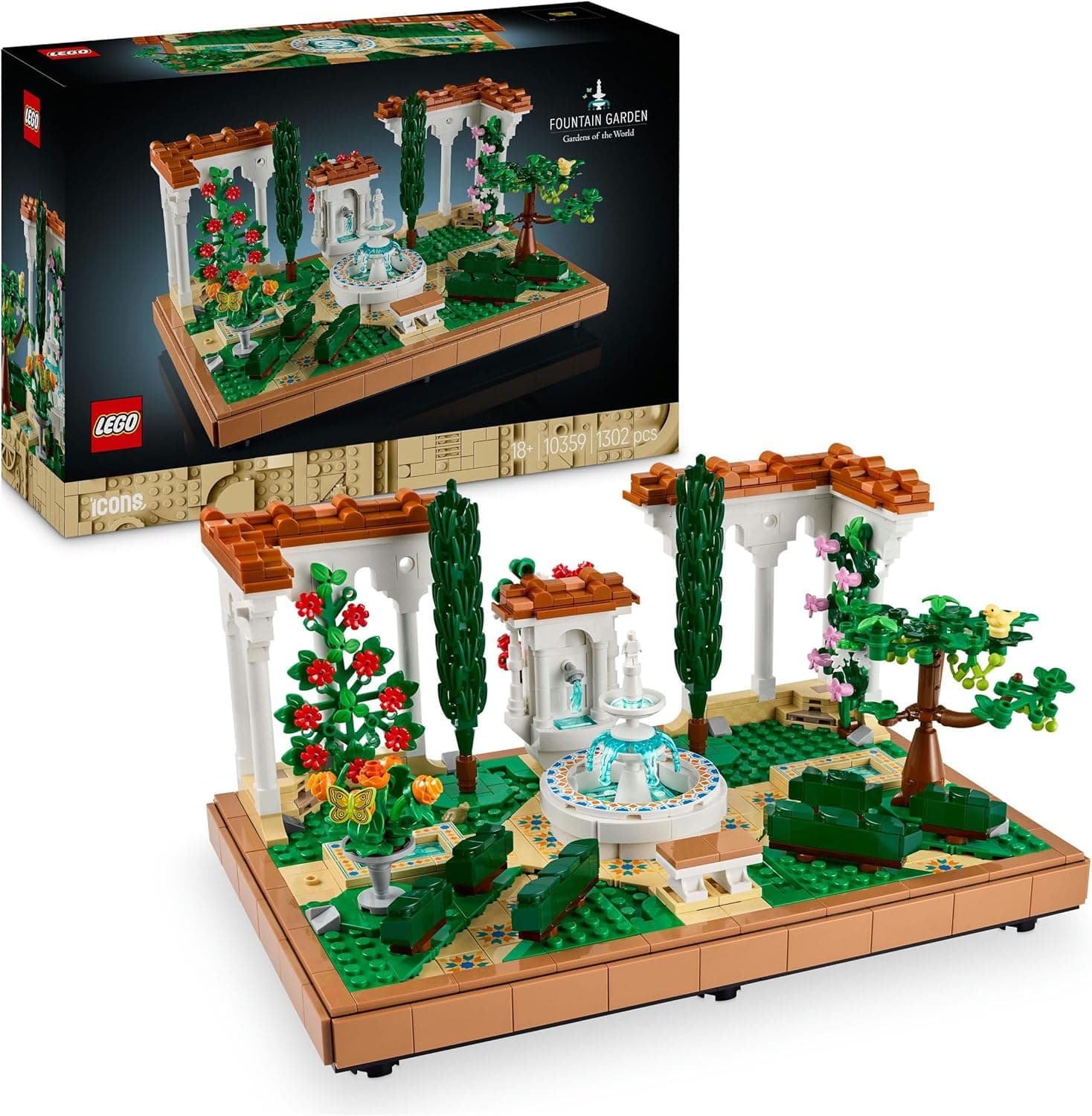 LEGO Icons Jardim com fonte Maquete para adultos com plantas e flores artificiais: Malêndula, Buganvília, Gerânio, decoração para casa, figura de pássaro, presente para mulheres e homens 10359