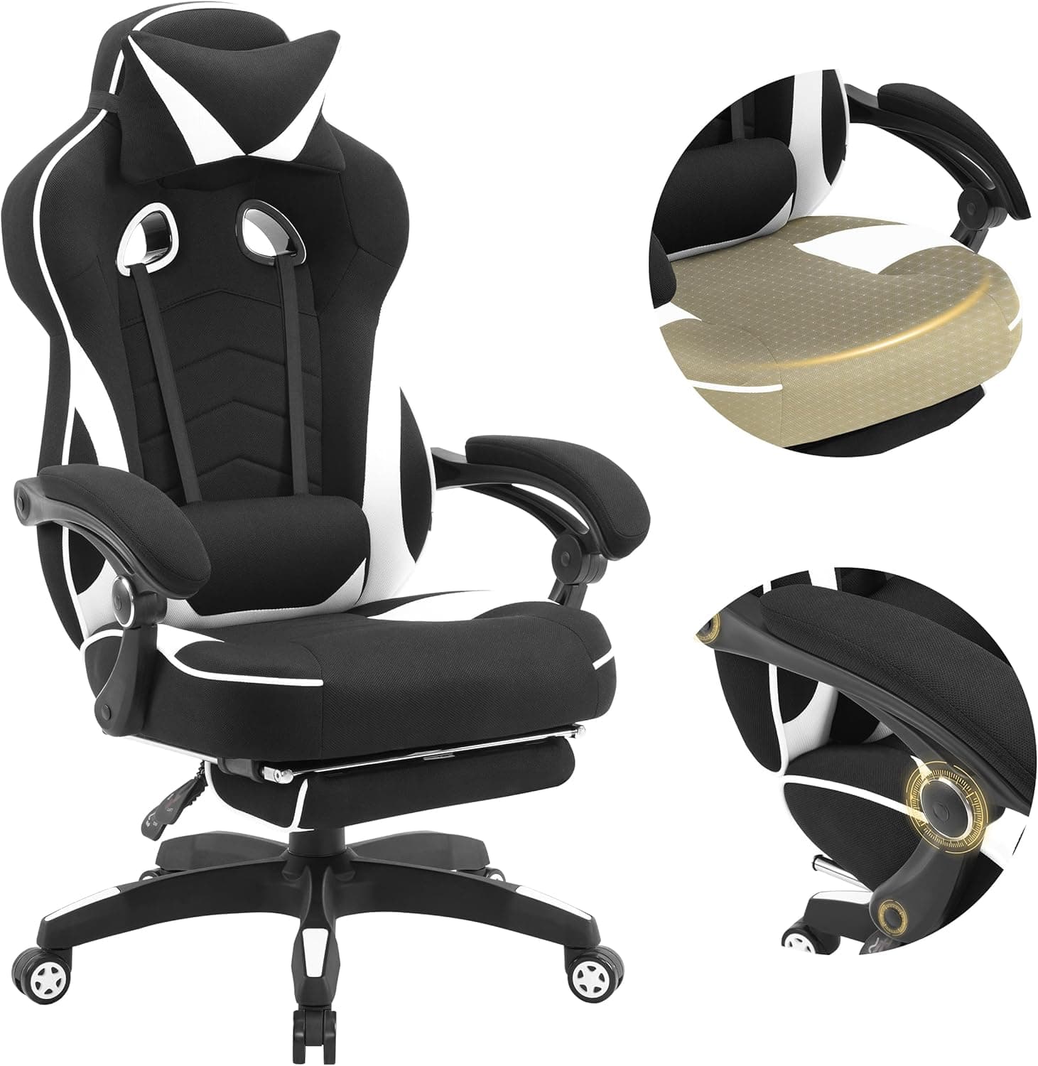 WOLTU Cadeira de jogos em tecido respirável, ergonómica cadeira Gamer com apoio para os pés, poltrona giratória videojogos, cadeira de escritório com assento largo e confortável para pessoas grandes
