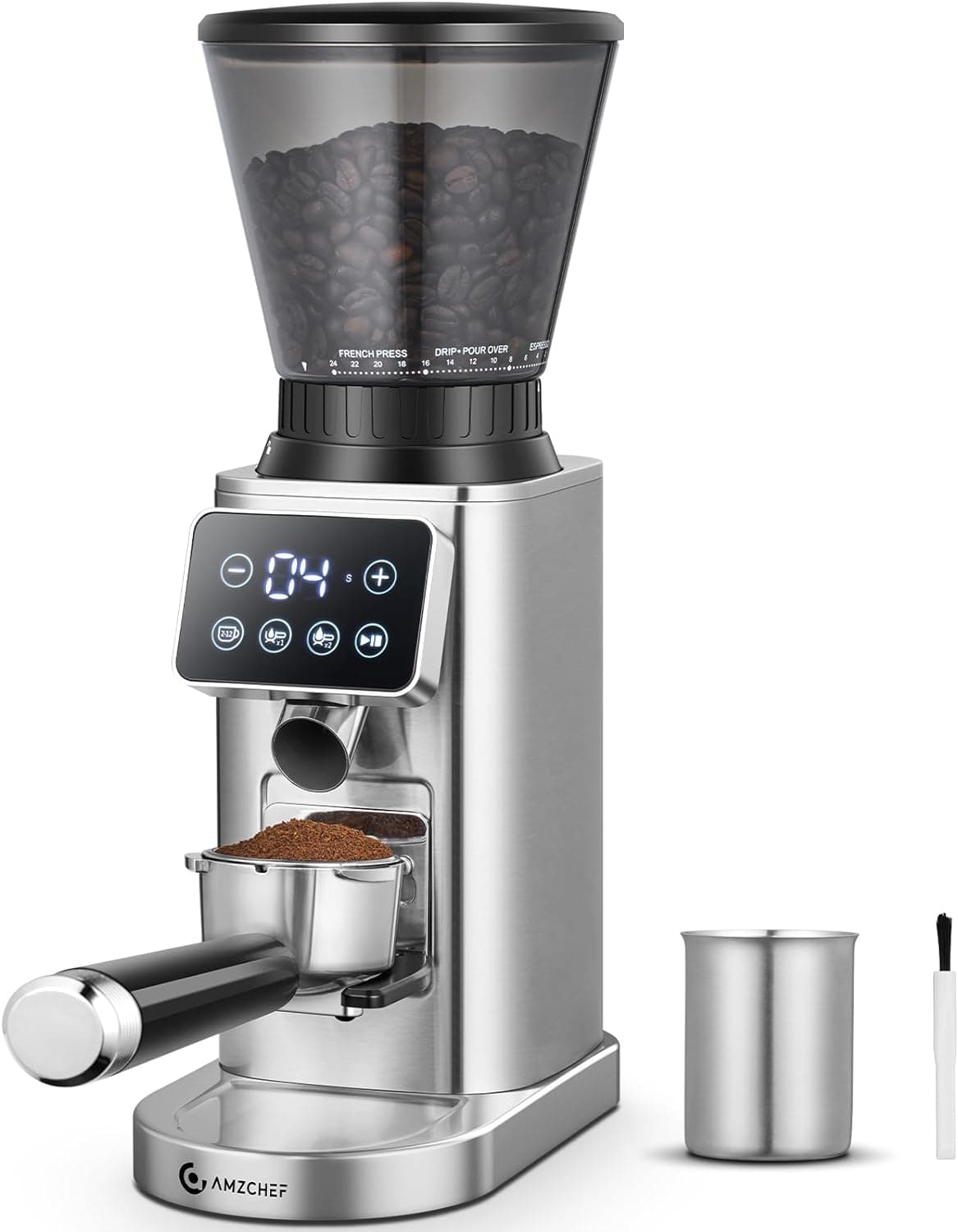 AMZCHEF Moedor de café elétrico com suporte desmontável e recipiente | Painel de toque LCD, 24 Regulável de Molido Moedor de Café com Molas para Espresso/Drip/Pour Over/Cold Brew/French Press