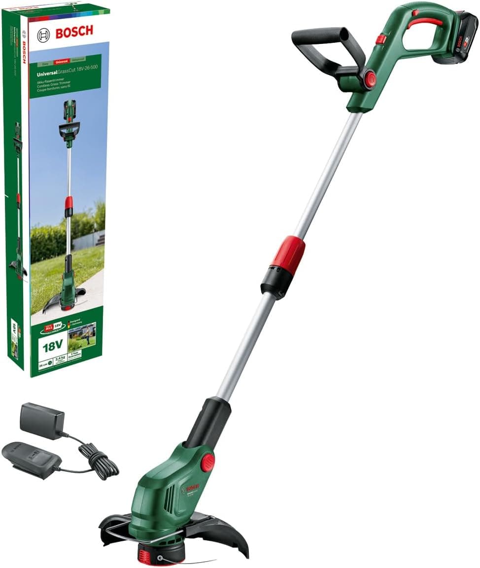 Bosch UniversalGrassCut 18 V-26-500 Corta-cabeças a bateria, para cortar erva e recortar bordas, tempo de carregamento 65 min, diâmetro de corte de 26 cm, sistema de 18 volts, com 1 bateria e carregador