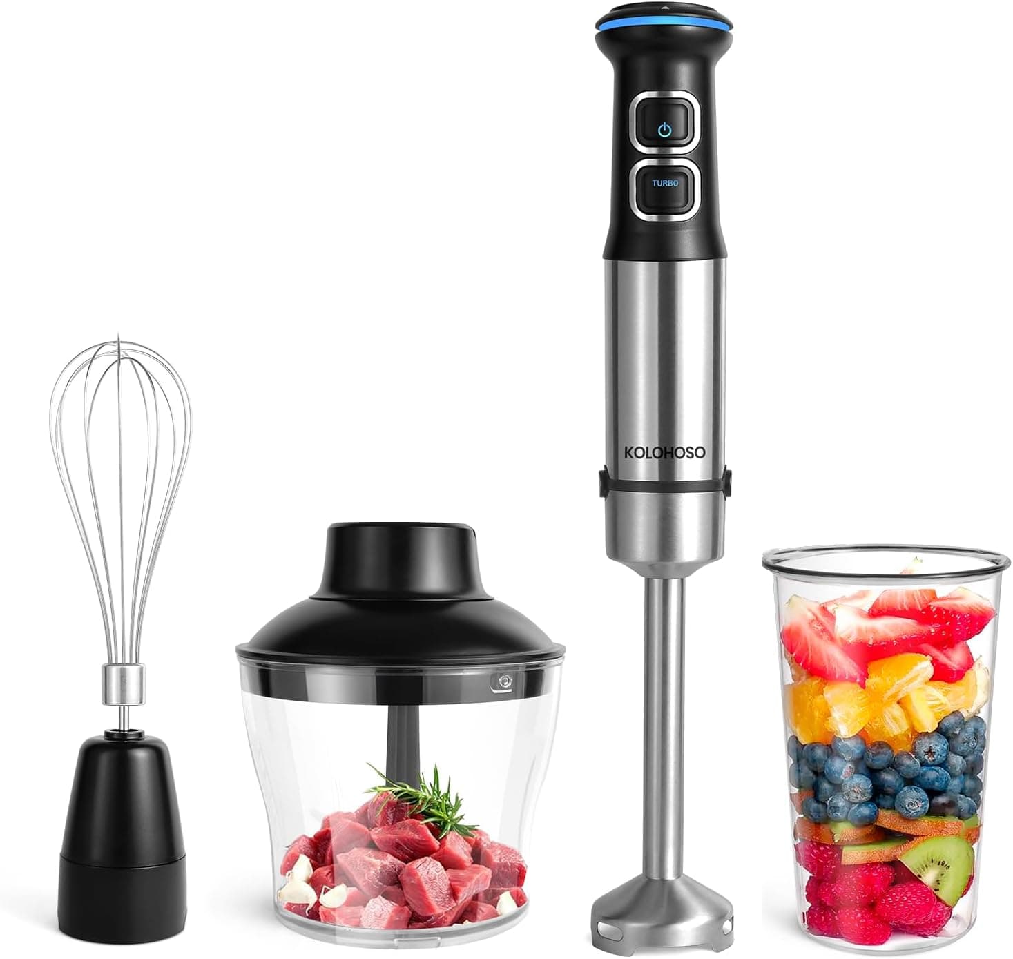 Liquidificadora de mão de 1500 W, kolohoso 4 em 1, minipimer, 21 velocidades, 4 folhas de aço inoxidável, proteção contra salpicos inclui copo medidor, batedora de ovos, picadora, sem BPA