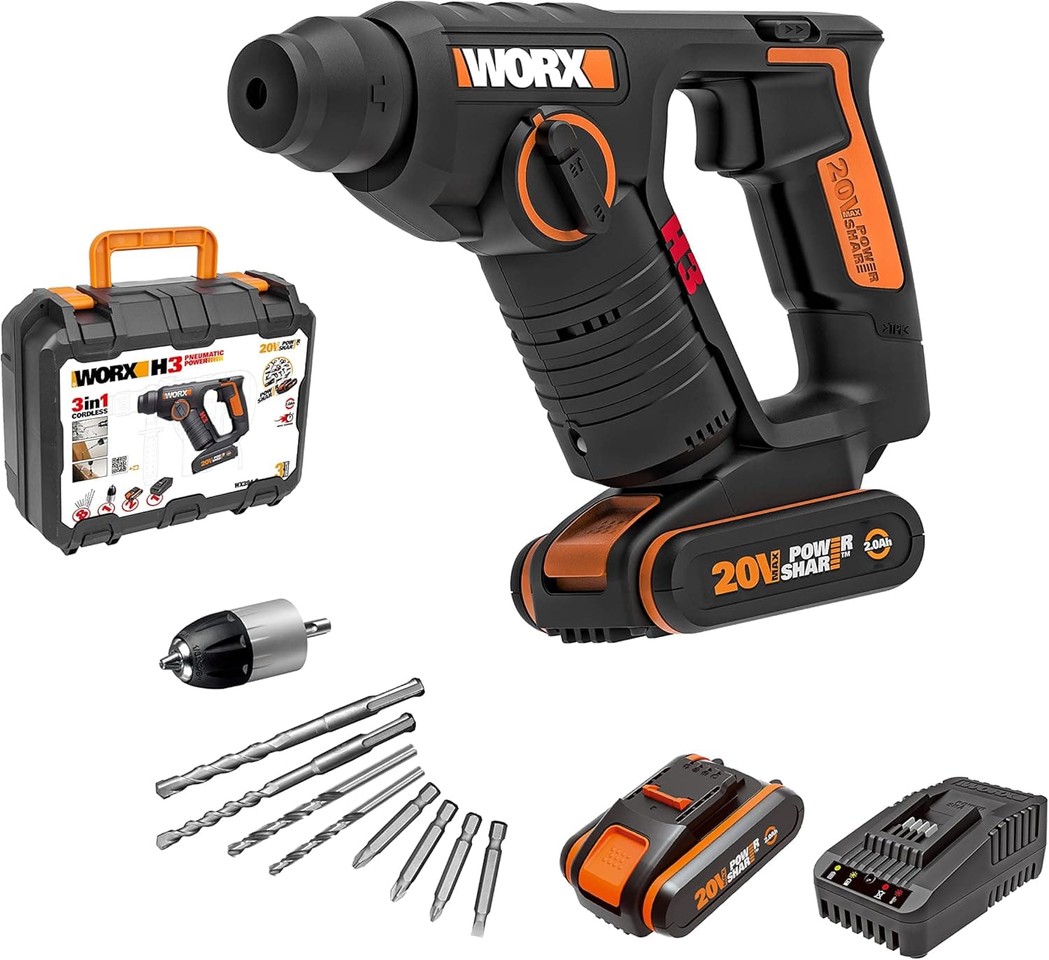 WORX WX394.6 H3 Martelo Sds-plus 20V | Função de broca, inclui 2 baterias de 2 Ah, carregador e pasta, 3 funções, leve e compacto, ideal para brocas no teto