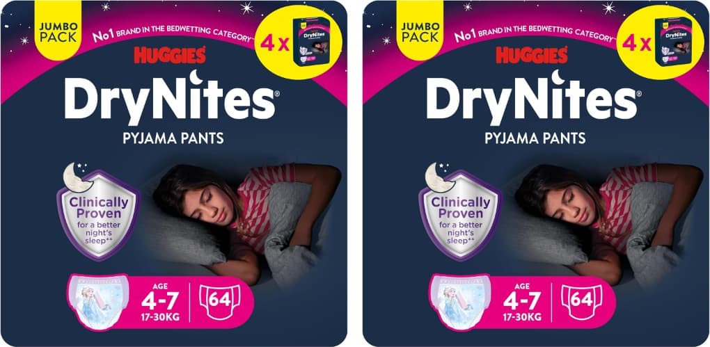 Huggies DryNites Fraldas para menina 4-7, 17 - 30 kg, testadas clinicamente com 5 camadas de proteção noturna ideal, 8 pacotes de 16, total 128 fraldas descartáveis de noite