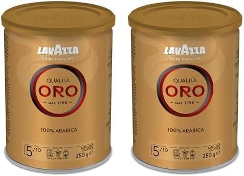 Lavazza, Qualità ouro, café moído natural, ideal para cafeteira italiana, de filtro e francesa, com notas aromáticas de frutas e flores, 100% árabica, intensidade 5, torção média, lata de 250 g x 2