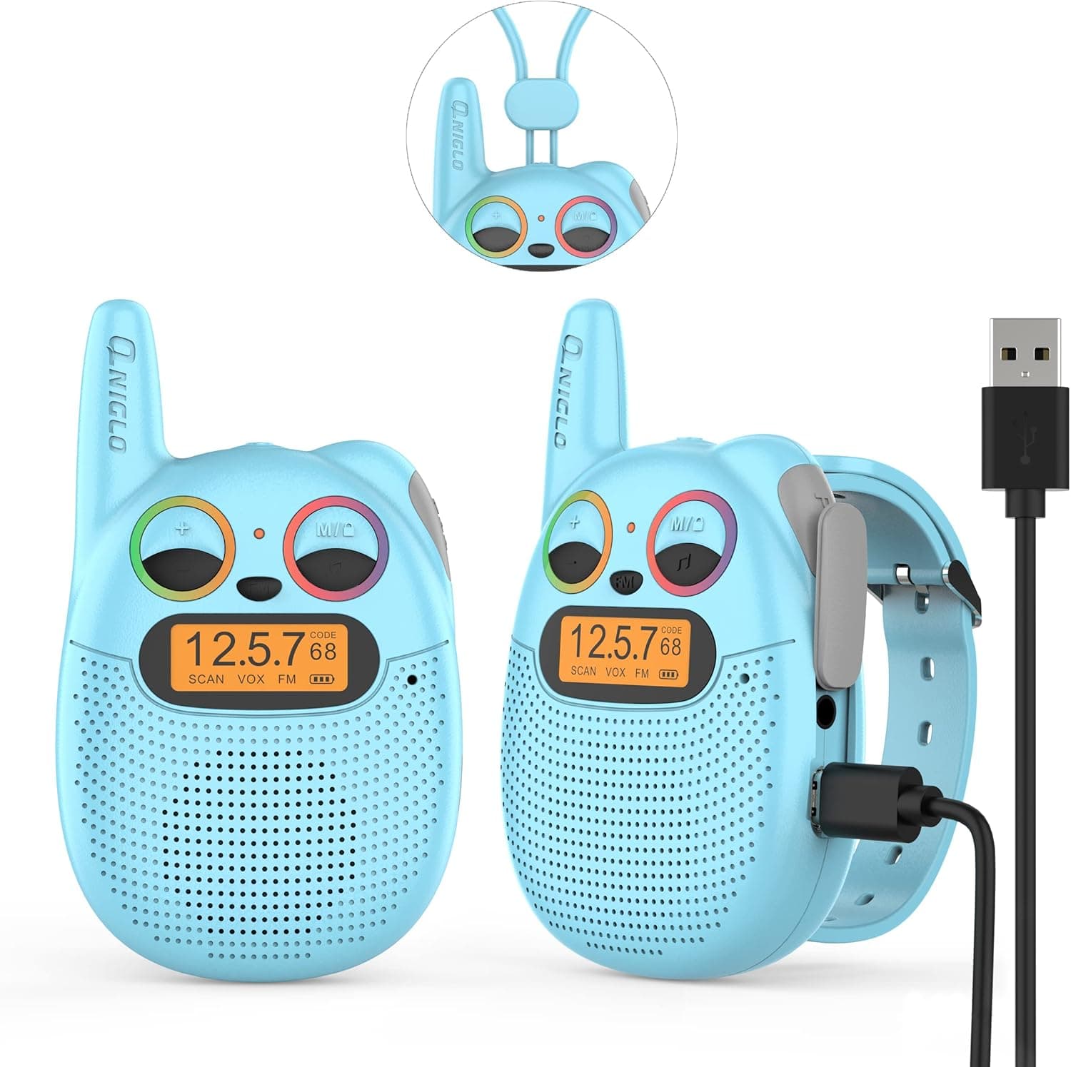 QNIGLO Q136 Relógio Walkie Talkie recarregável para crianças, rádio FM 2-5 Km alcance correia portátil, equitação de bicicleta acampamento, brinquedos suspensos para meninos dos 3-12 anos, presentes