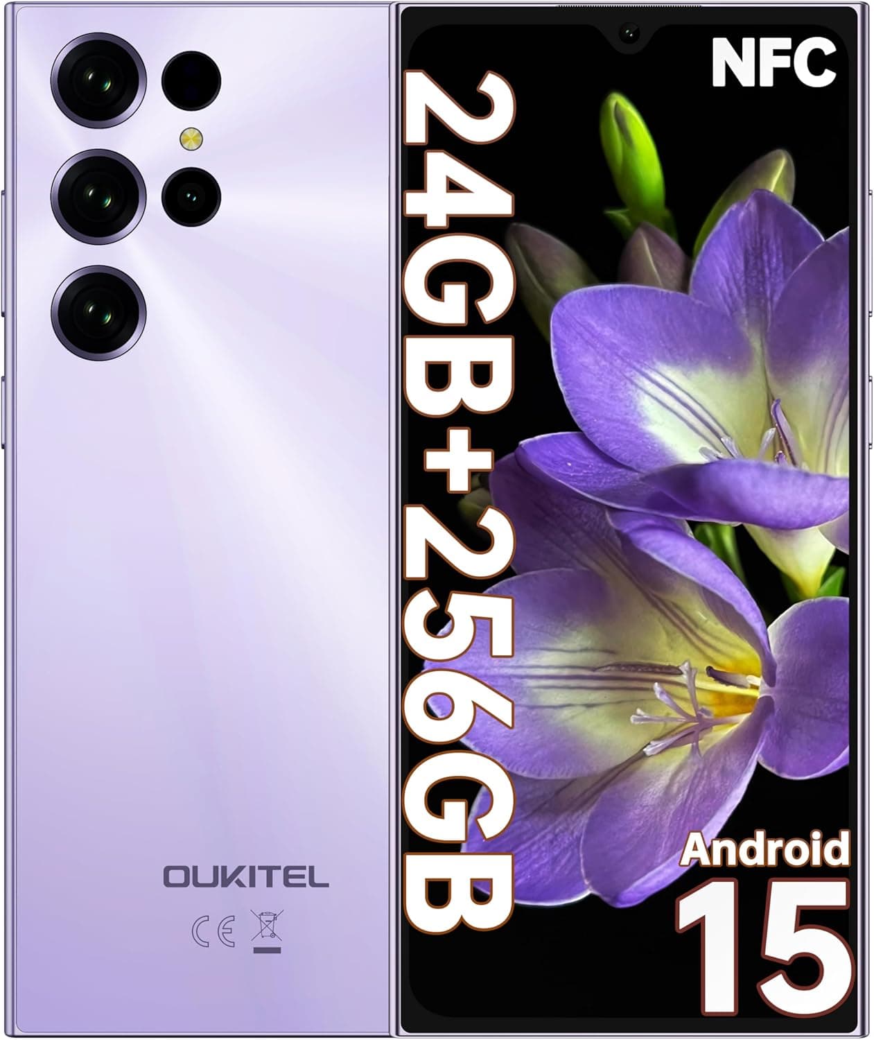 OUKITEL C61 Pro | Smartphone Android 15 com 24GB RAM e 256GB armazenamento, ecrã 6,88 polegadas HD+ 90Hz, câmara 13MP, bateria 5150mAh, desbloqueio facial e por impressão digital, NFC, cor roxa