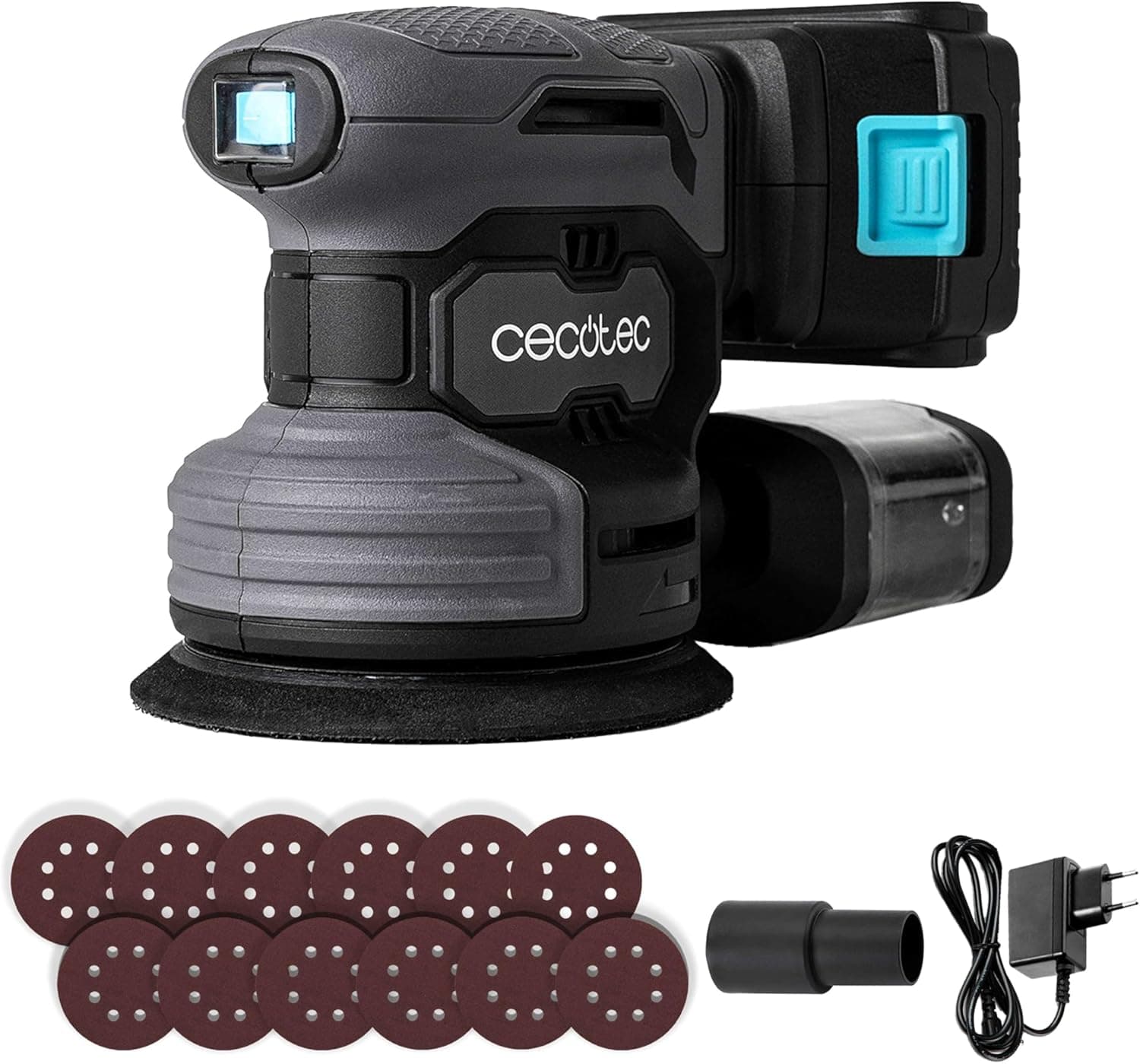 Cecotec Lixadeira rotativa a bateria 21 V e 2000 mAh PerfectSurface 2120 rotate. 13000 rpm, 12 peças sobressalentes, depósito de pó, conexão para aspirador de pó, duplo movimento excêntrico, 26000
