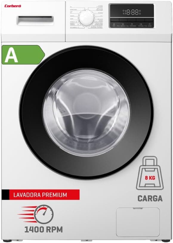 Corbero - Máquina de lavar roupa de carga frontal | CLT804VIN | 8 kg | 1400 Rpm | Motor Inverter | 16 Programas | Vapor, início diferente 3-24 h | Lavagem rápida 15-30 Min, porta XXL, Energética A, branco