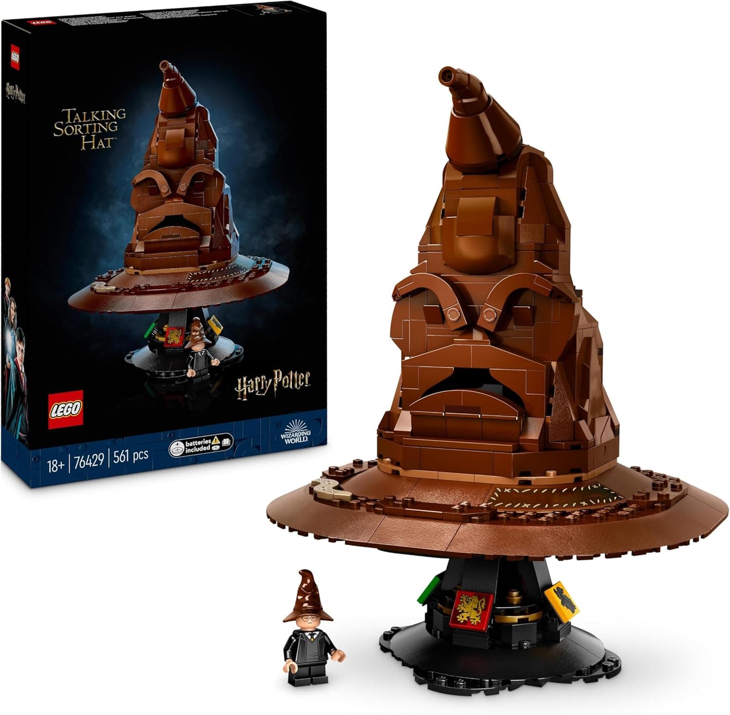 LEGO Harry Potter Chapéu selecionador falante com 31 sons aleatórios, presente para mulheres, homens, pais, mães e fãs de casas Hogwarts, casaco para adultos da saga 76429