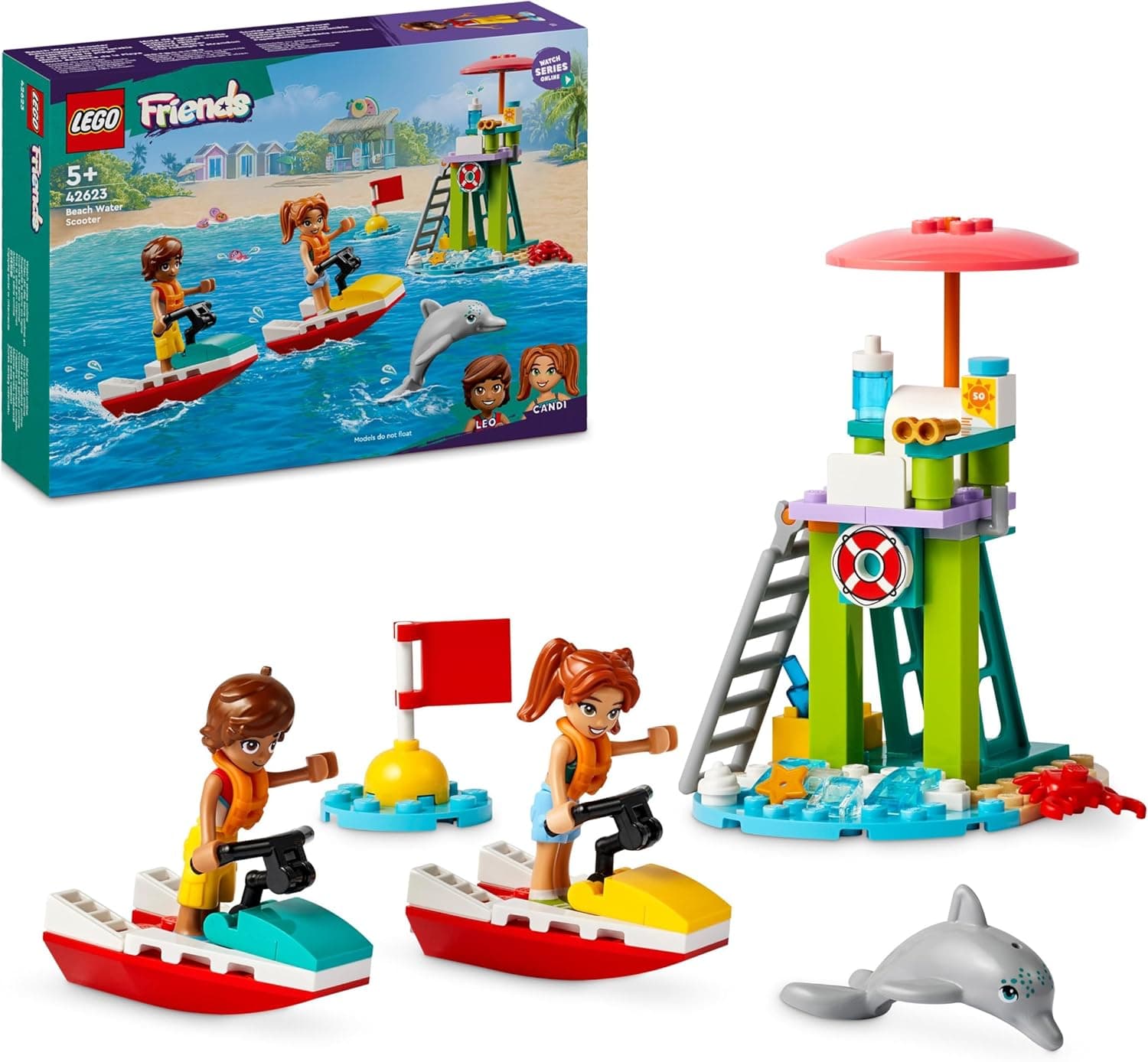 LEGO Friends Moto aquática de praia brinquedo de construção com motocicletas de água, presente para meninas e meninos de 5 anos ou mais, com 2 mini bonecas e golfinho e caranguejo para o jogo de