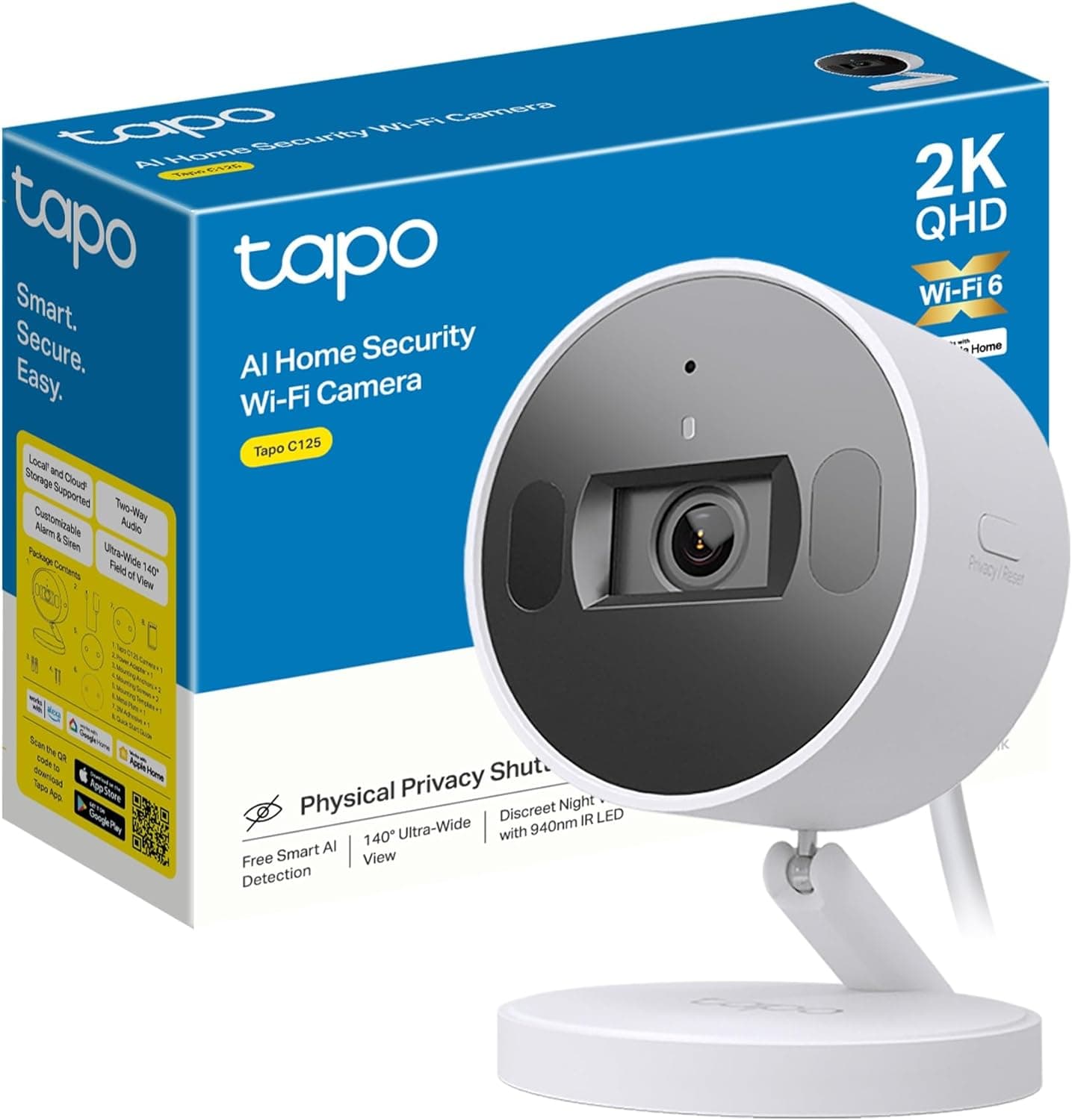 Tapo C125 - Câmara de segurança Wi-Fi resolução 2k QHD, visão noturna com sistema IR duplo, IA melhorada, modo de privacidade física, sensor Starlight, compatível com Alexa&Google Assistant, Home kit