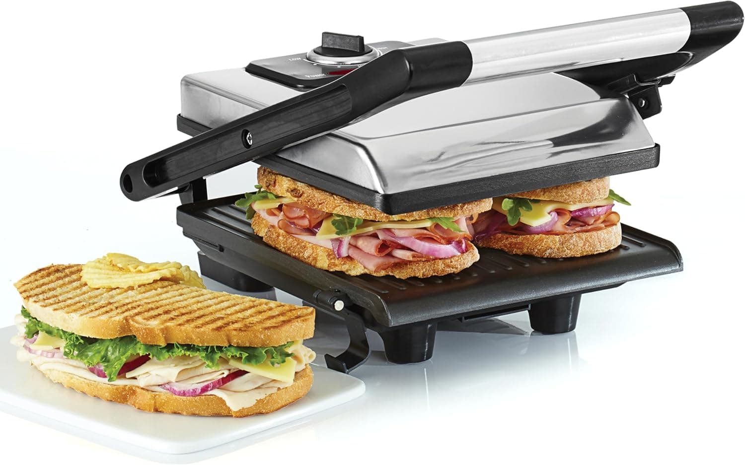 BELLA Sandwicheira, prensa para Paninis e Grill elétrico com placas duplas anti-aderentes, tampa regulável em altura e bandeja recolhedora removível, aço inoxidável, 1400 watts