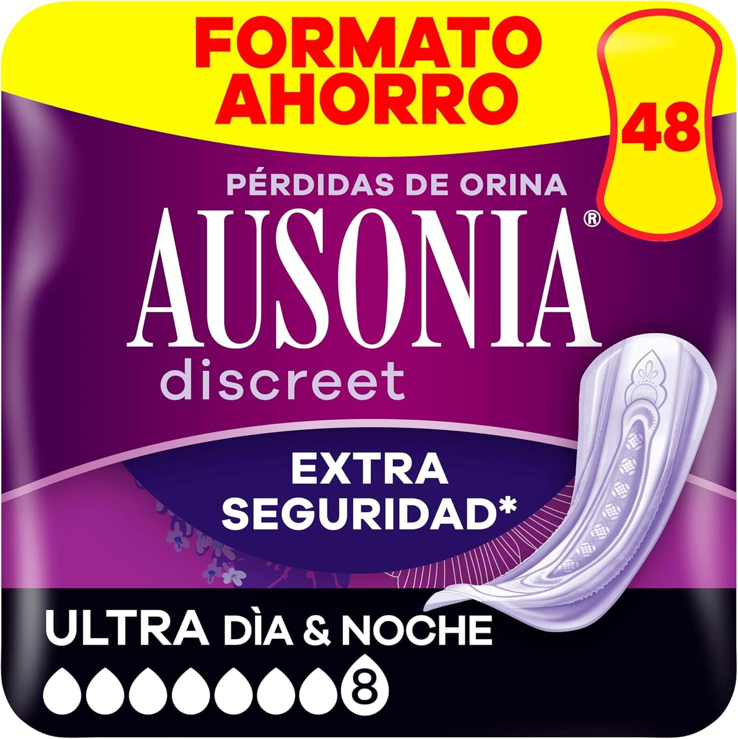 Ausonia Discreet noite ultra, 48 compressas incontinência mulher para perda de urina, extra segurança, discrição incrível