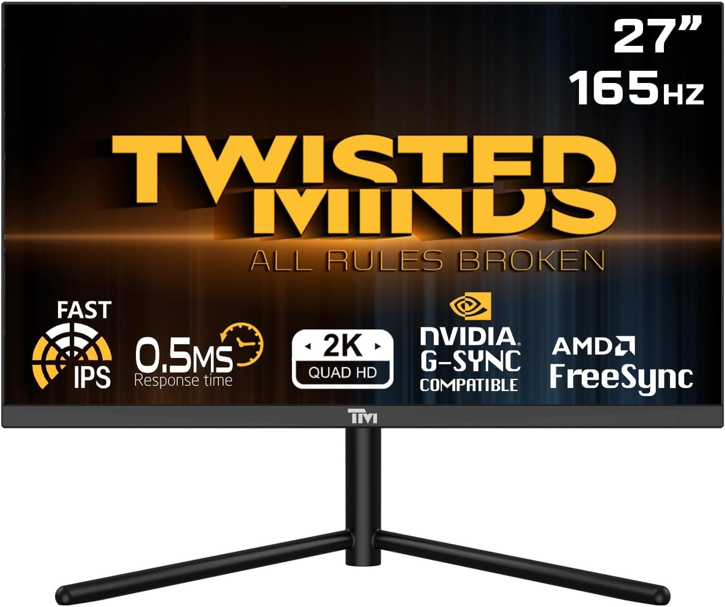 Twisted Minds Monitor de jogos, ecrã de 27 polegadas Fast IPS, resolução 2560 x 1440 QHD, atualização de 165 Hz, relação de aspeto de 16:9, tempo de resposta 0,5 ms - preto (TM27QHD165IPS)