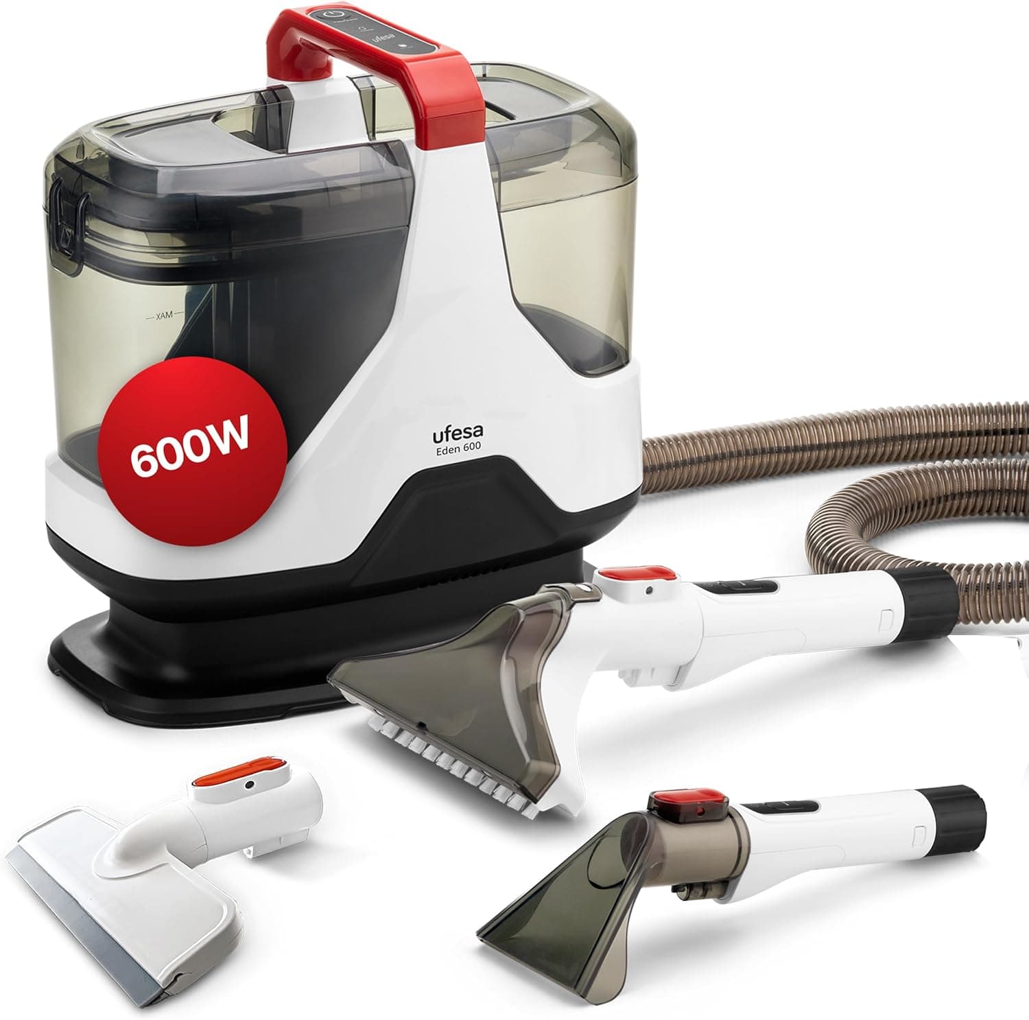 Ufesa Eden 600 - Aspirador de tapetes com água 600 W, depósito duplo, sucção de líquidos e sólidos, escova multifuncional, ideal para tapetes, sofás, carro e cristais