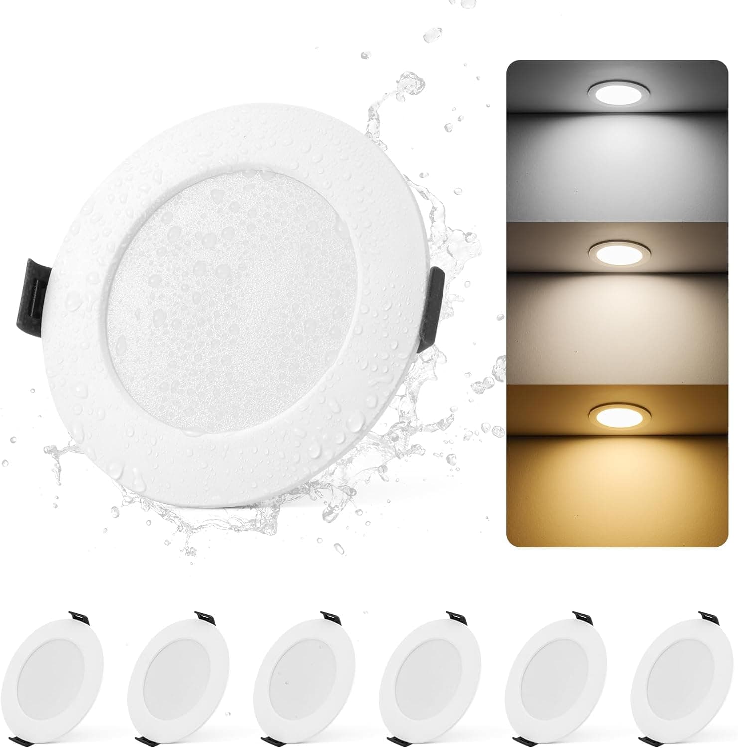 Yafido 6 x Downlight LED recarregável redondo 5 W 400 l, 3000 K/4000 K/6000 K holofote recarregável LED de teto extraplano, 75 - 90 mm IP44 focos LED interior teto