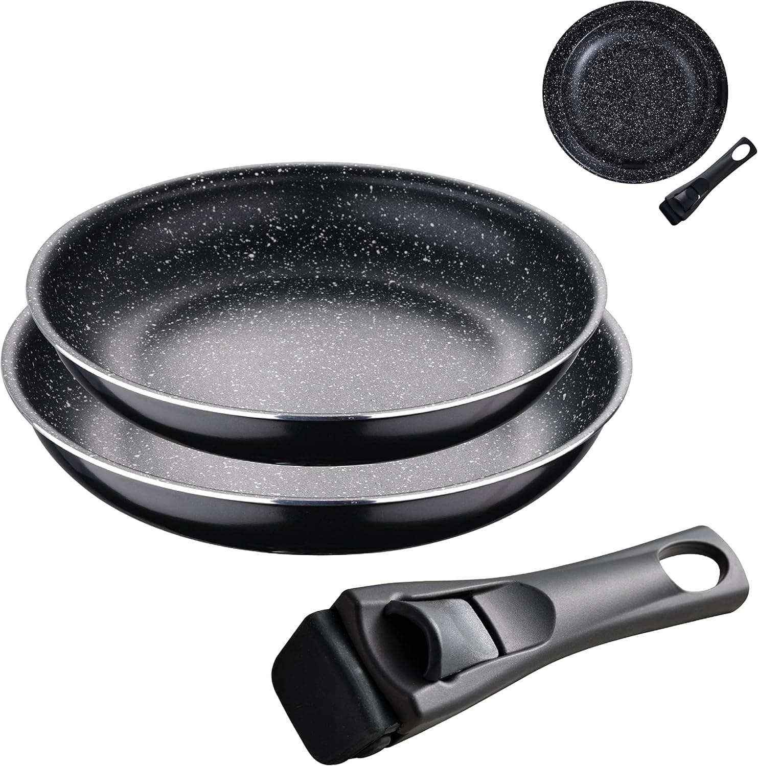 BERGNER Click & Cook Edição Black Conjunto de frigideiras | 2 frigideiras de alumínio prensado de 24 e 28 cm, com pega ergonómica intercambiável, utensílios de cozinha
