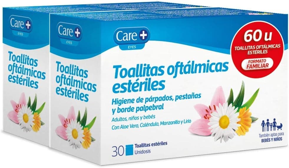 Care Plus Toalhetes oftalmológicos - Higiene diária de pálpebras, pestanas e borda palpebral - Aloe vera, malêndula, camomila e lírio, 60 toalhitas
