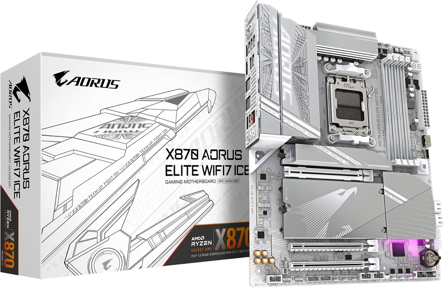 GIGABYTE Placa base X870 AORUS Elite WIFI7 Ice - compatível com CPUs AMD Ryzen 9000, VRM digital de 16+2 fases, até 8000 MHz DDR5 (OC), 3 x PCIe 5.0, Wi-Fi 7, LAN 2 .5GbE. , USB 4