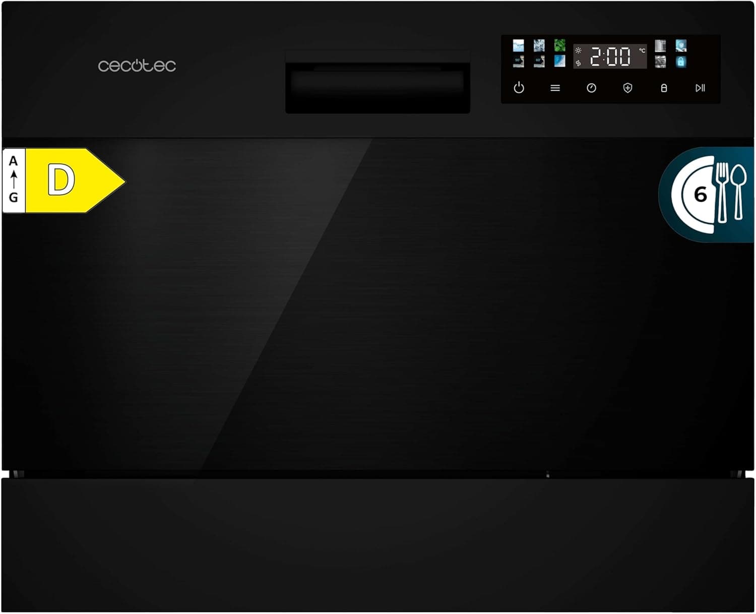 Cecotec Lava-louças compacto livre instalação 6 talheres Bolero Aguazero 2300 Dark. 6 talheres, 8 programas, classe D, Touch Panel colorido, Delay Start, função pré-lavagem, Dry+, Germ Shield